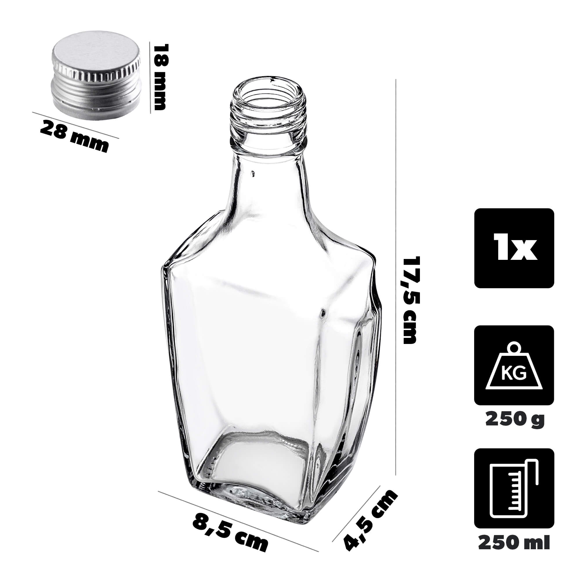 Szklana butelka na nalewkę Faenza 250ml z srebrną zakrętką 1 szt.