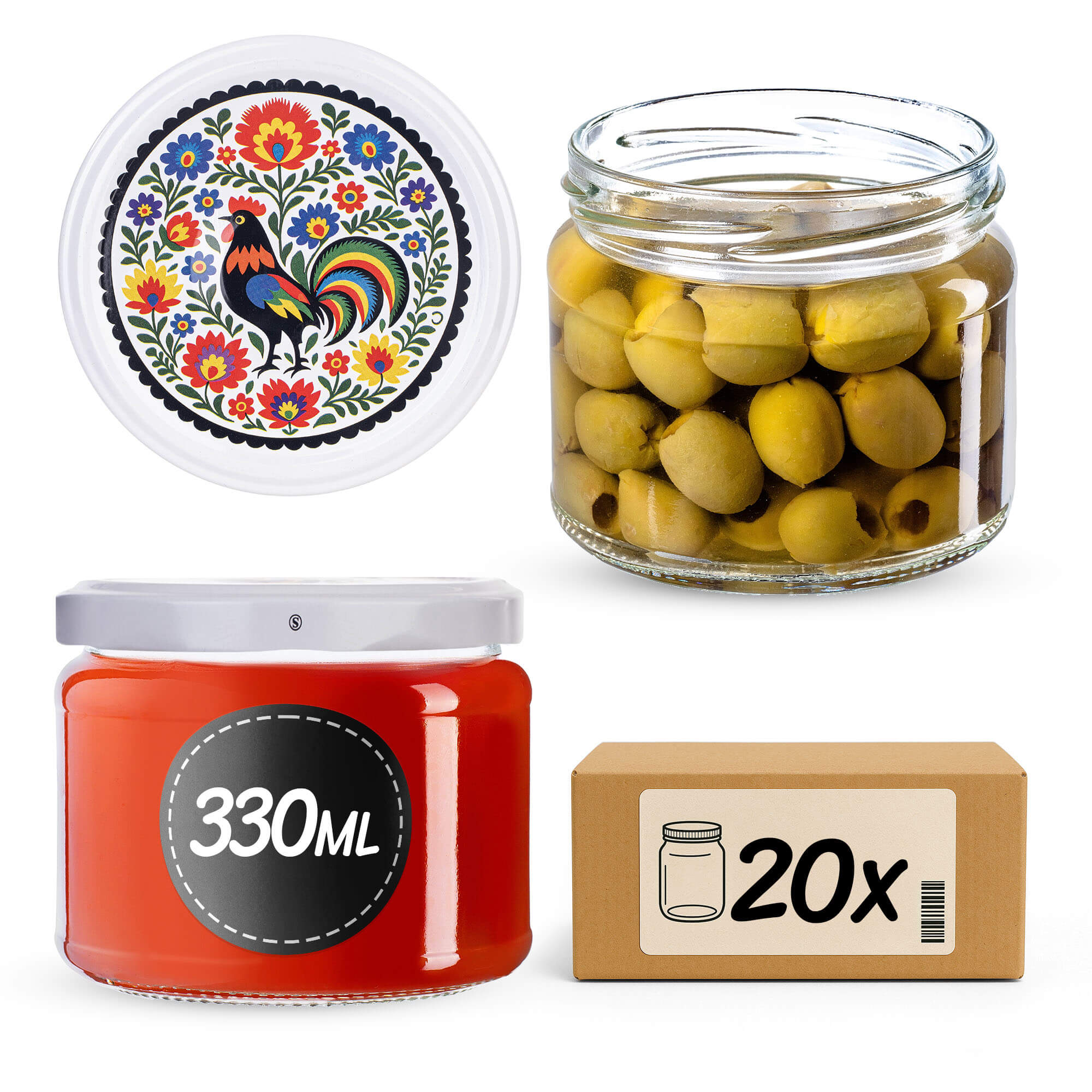 Słoiki na przetwory Sonka 330ml 20szt 82mm + wieczka "Kolorowy kogut"