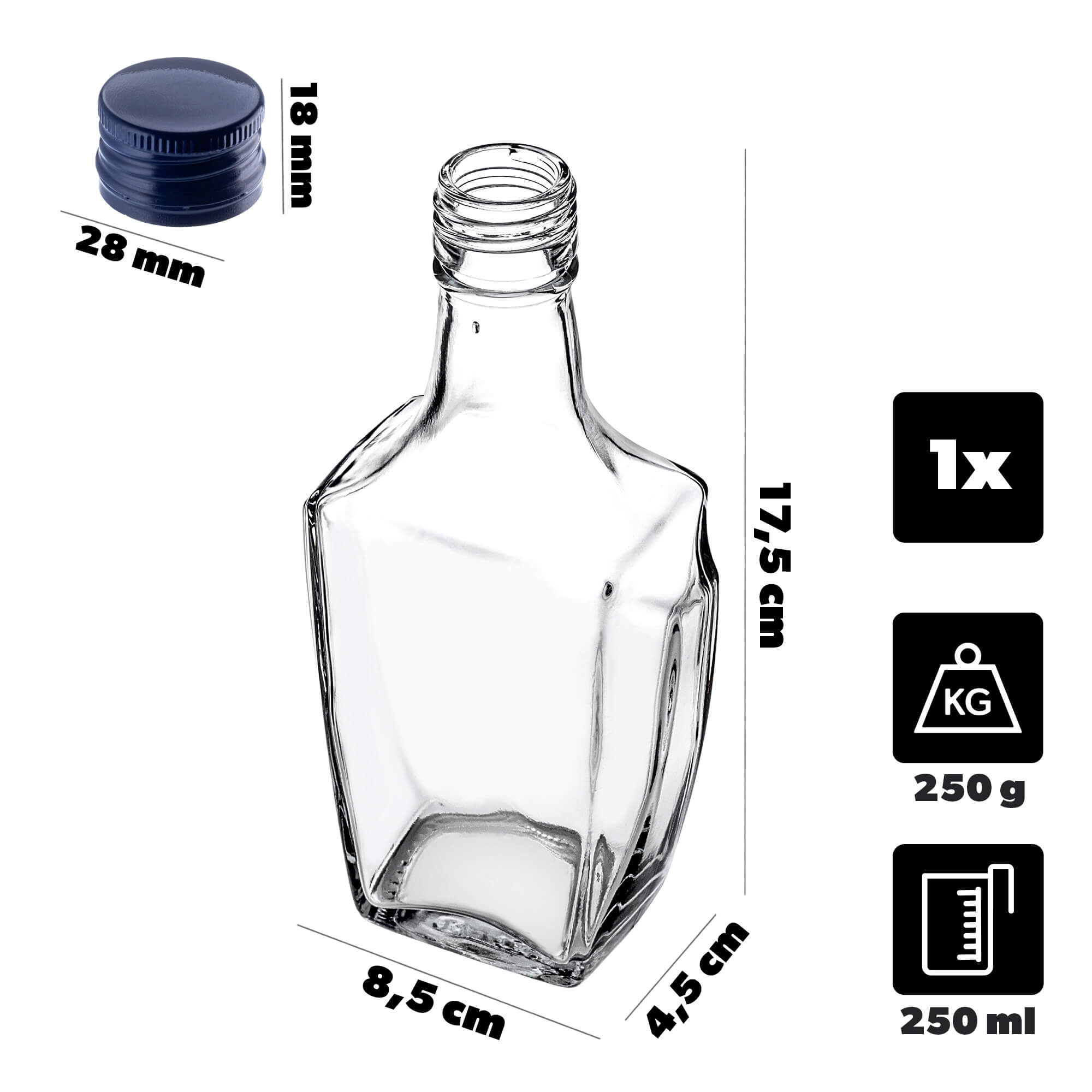 Szklana butelka na nalewkę Faenza 250ml z granatową zakrętką 1 szt.