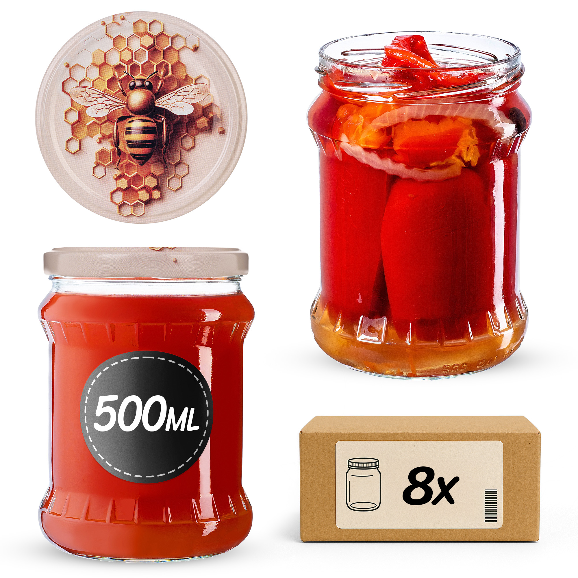 Słoiki na przetwory Kisko 500ml fi82mm 8szt + wieczko Pszczoła
