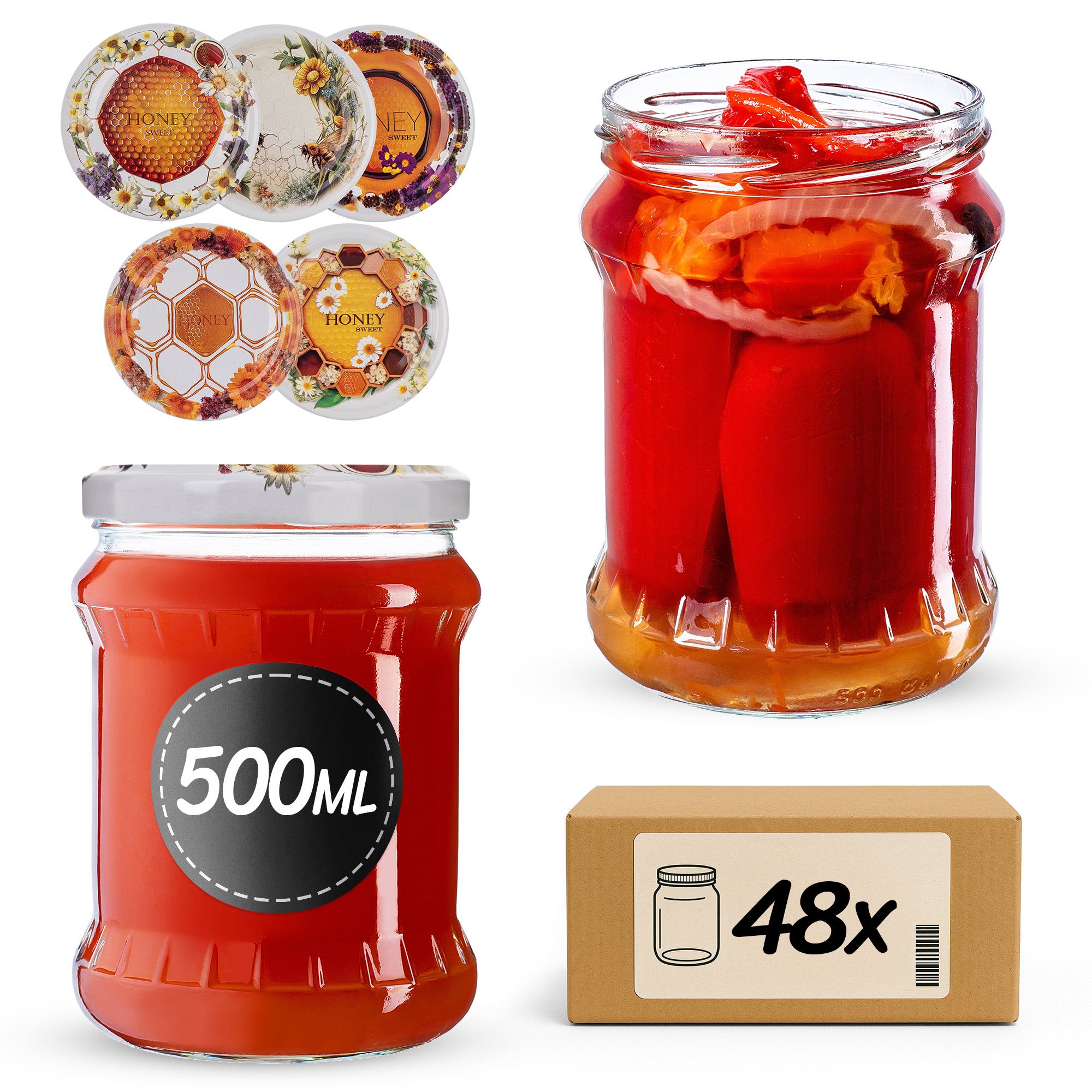 Słoiki na przetwory Kisko 500ml fi82mm 48szt + wieczko Miodowy mix