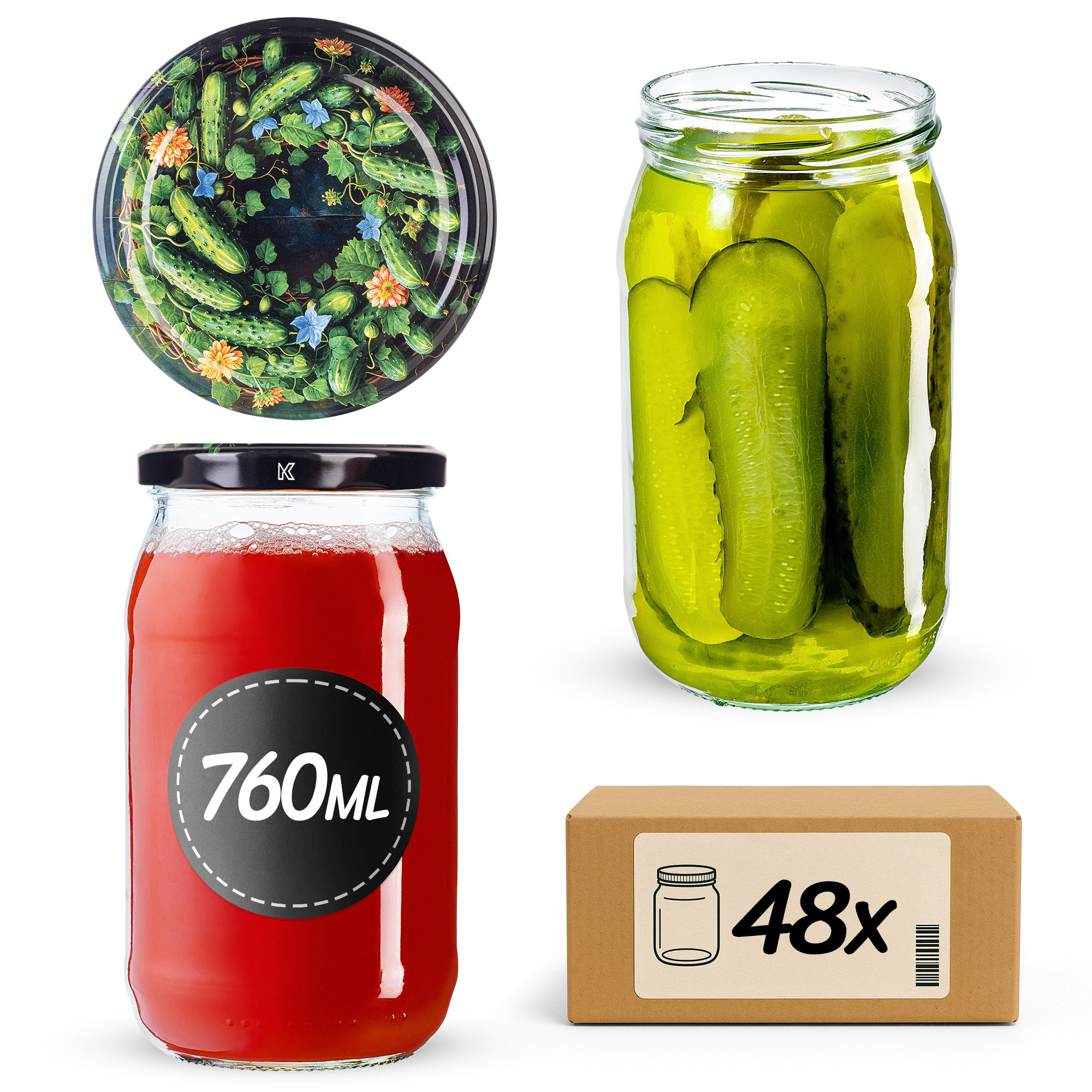 Słoiki na przetwory Niva 760ml fi82mm 48szt + wieczko Ogórki czarne