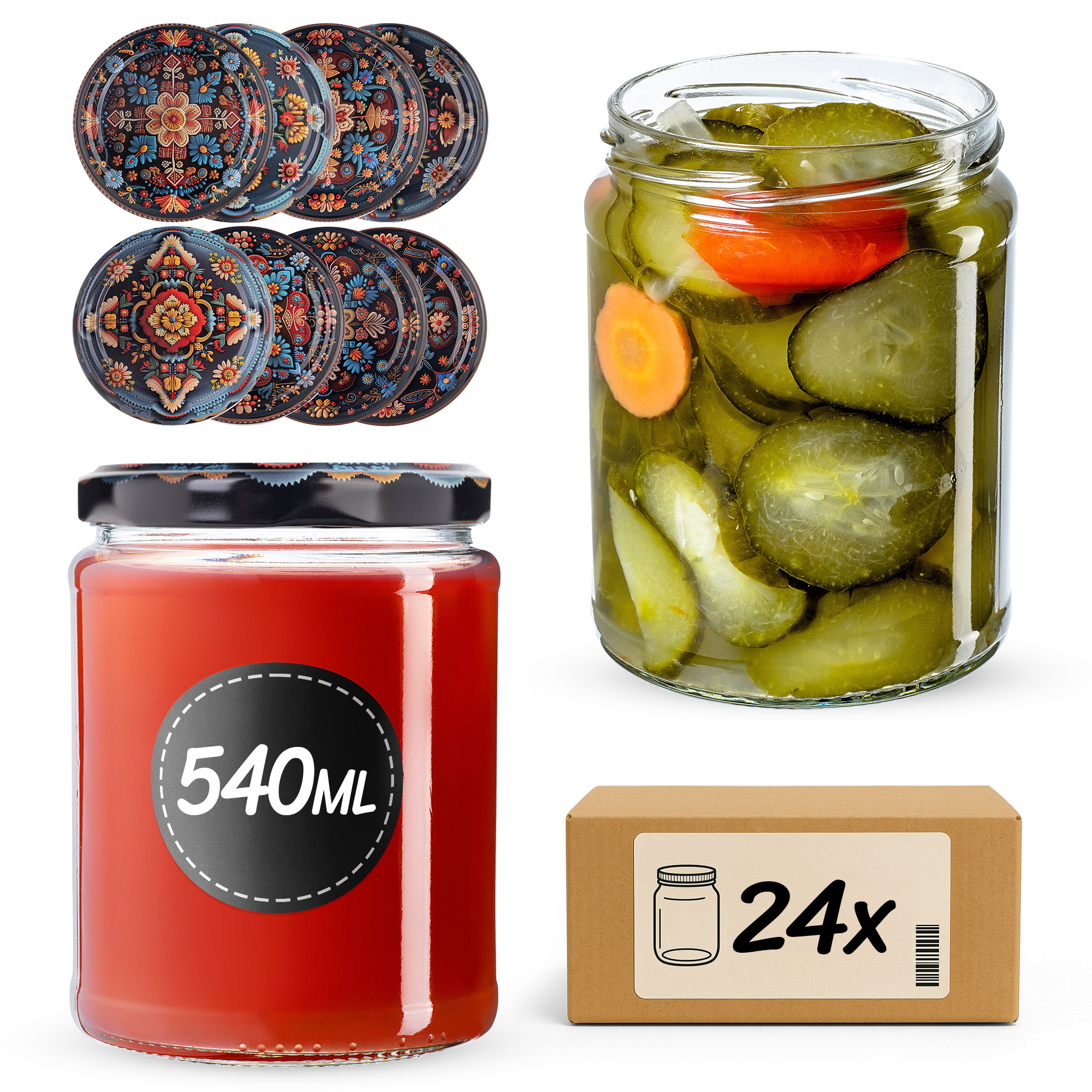 Słoiki na przetwory Maki 540ml fi82mm 24szt + wieczko Haftowanka