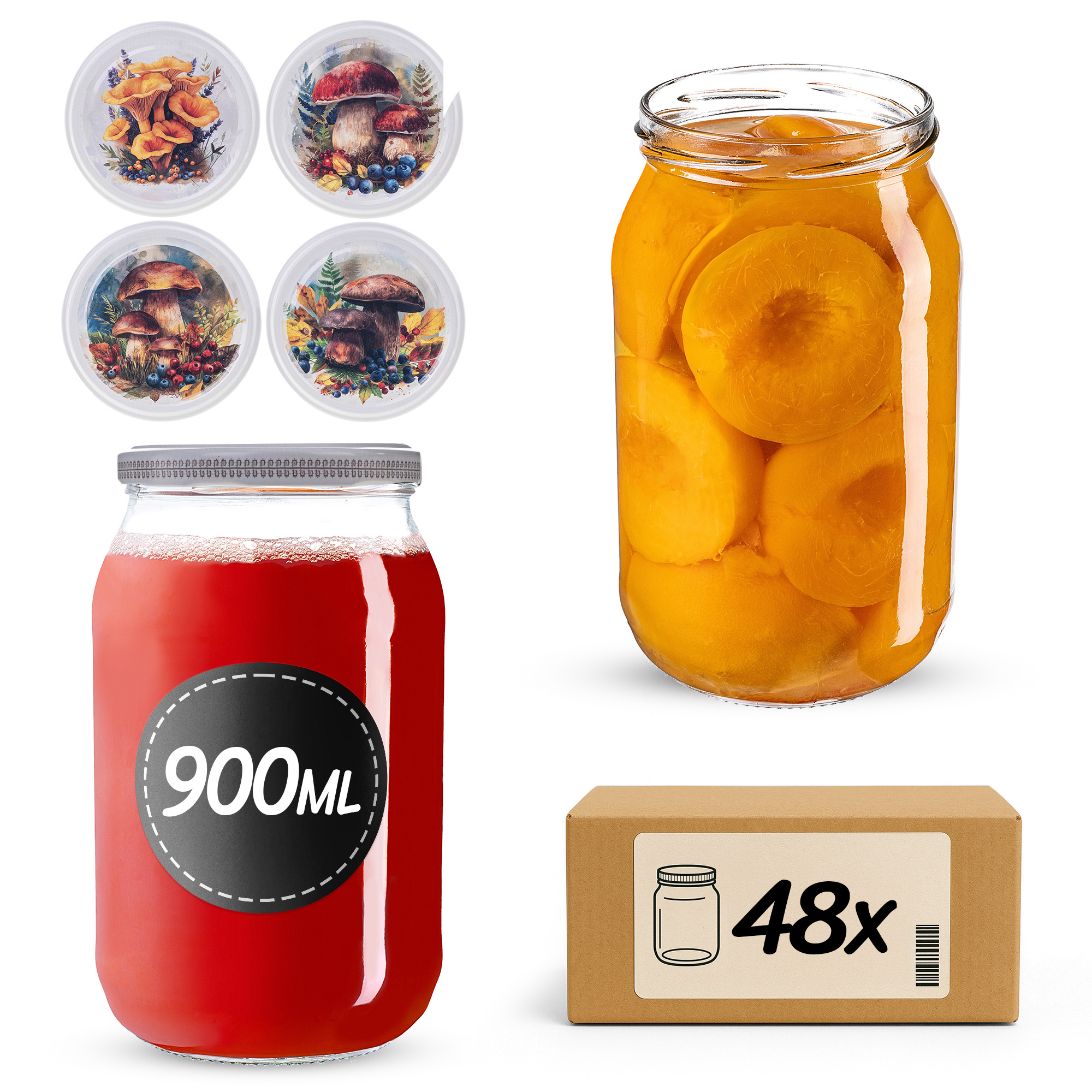Słoiki na przetwory Simo 900ml fi82mm 48szt + wieczko Grzyb akwarela