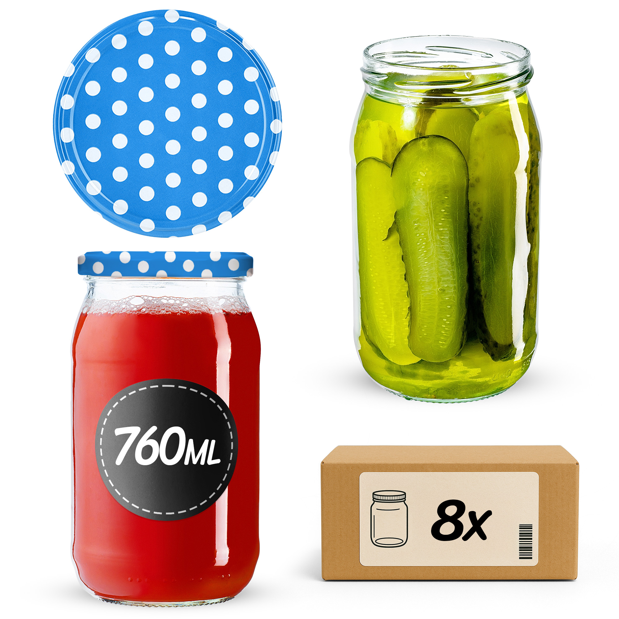 Słoiki na przetwory Niva 760ml fi82mm 8szt + wieczko Groszek niebieski