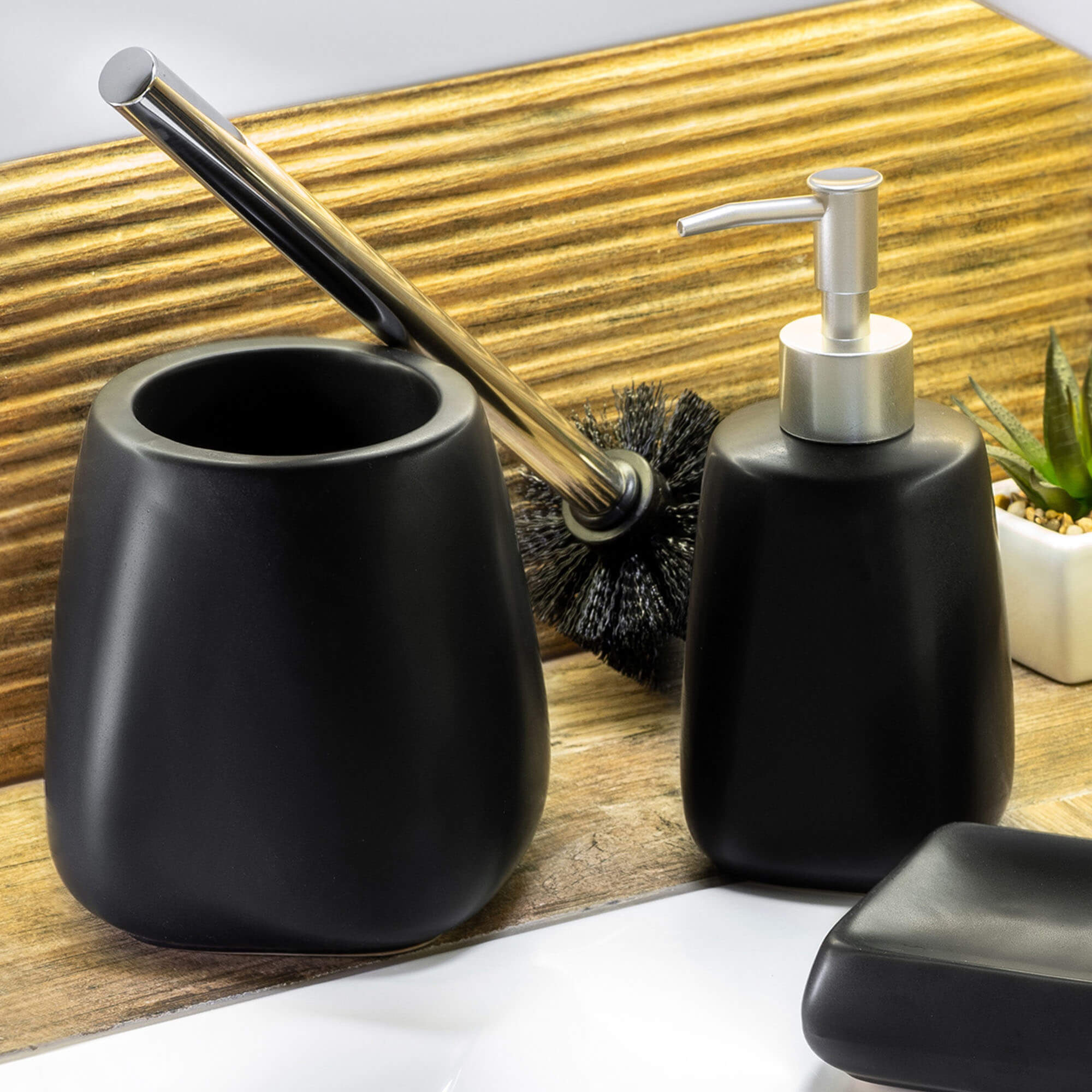 Zestaw dozownik na mydło + szczotka WC, czarny