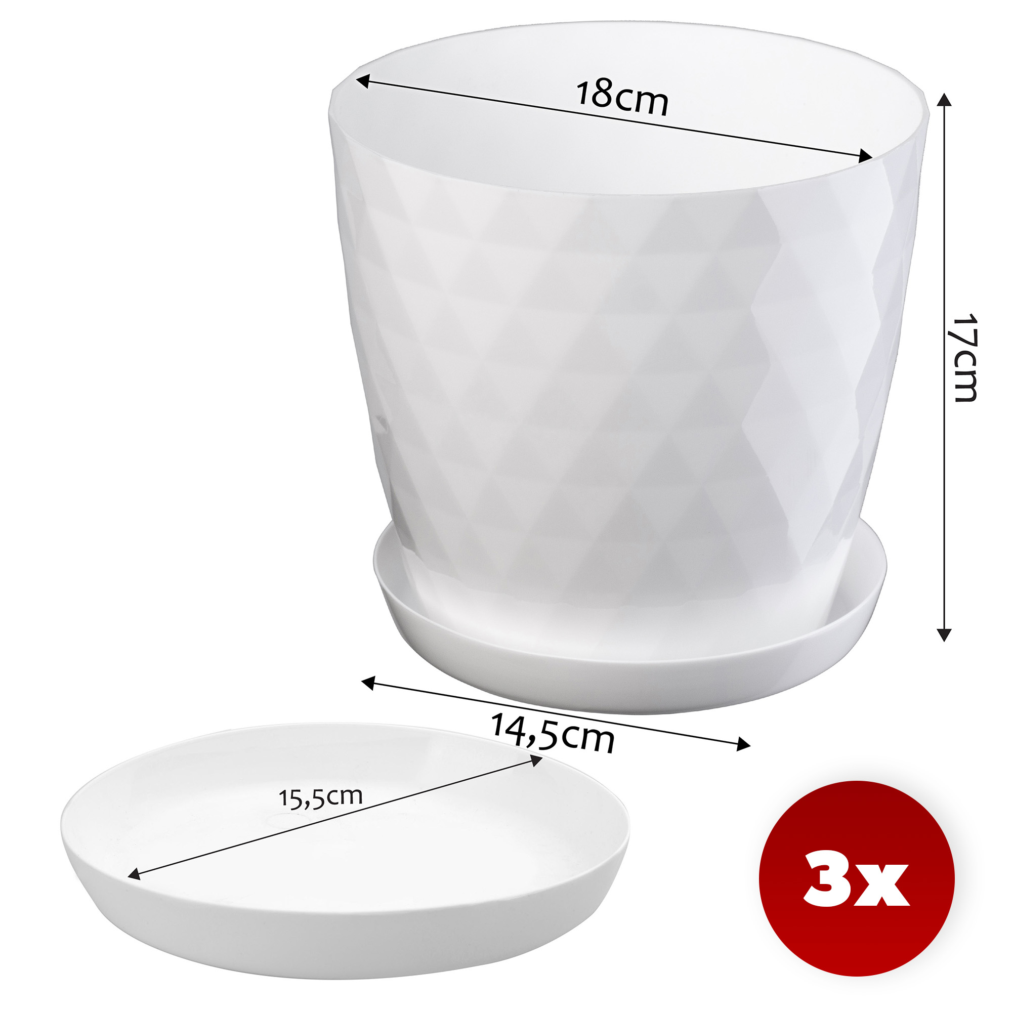 Doniczka na kwiaty z podstawką biała Amily 18 cm, 3 szt.