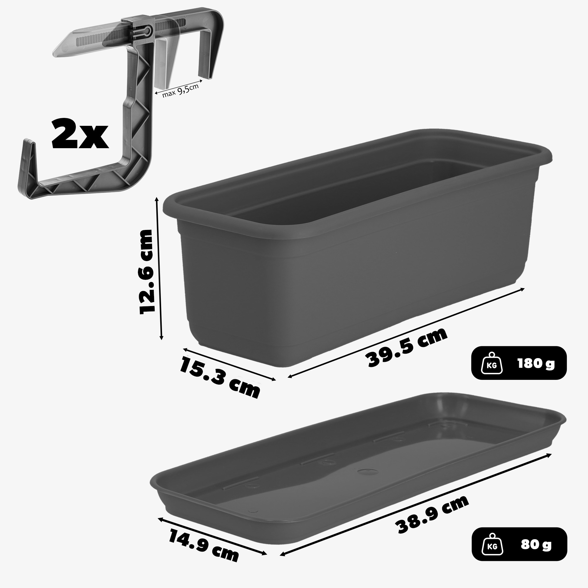Skrzynka balkonowa z podstawką i uchwytami Evron 40 cm, antracyt