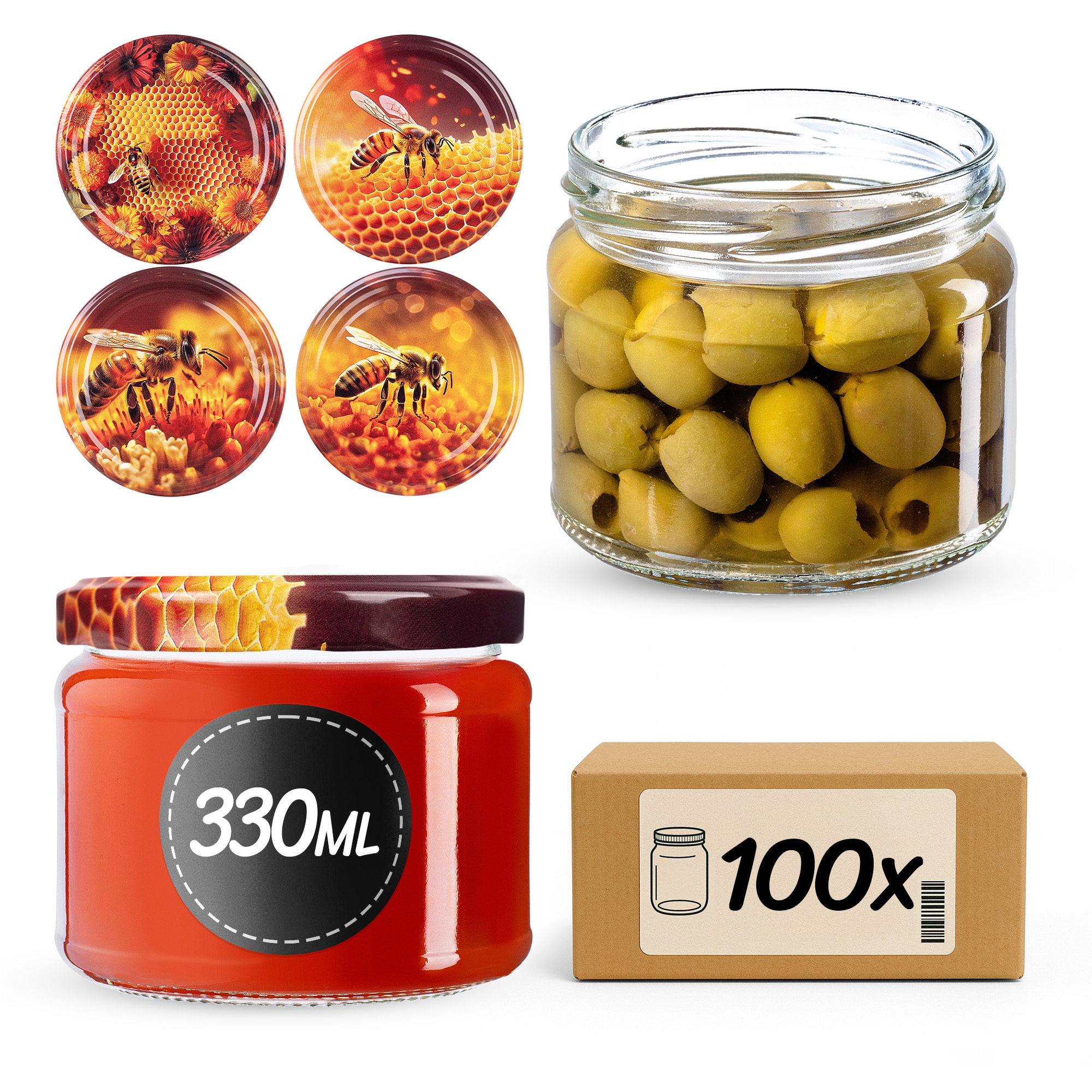 Słoiki na przetwory Sonka 330ml fi82mm 100szt + wieczko Zestaw miodowy