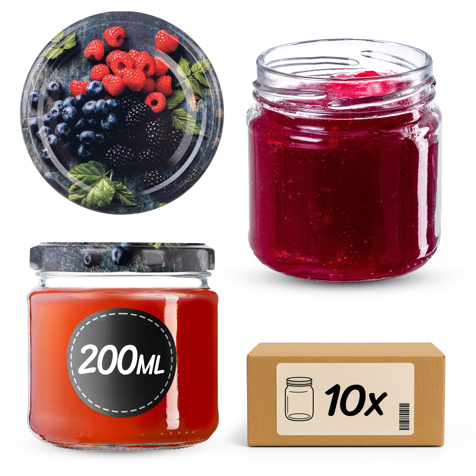 Słoiki na przetwory Lerma 200ml 10szt 66mm + wieczka "Owoce leśne"