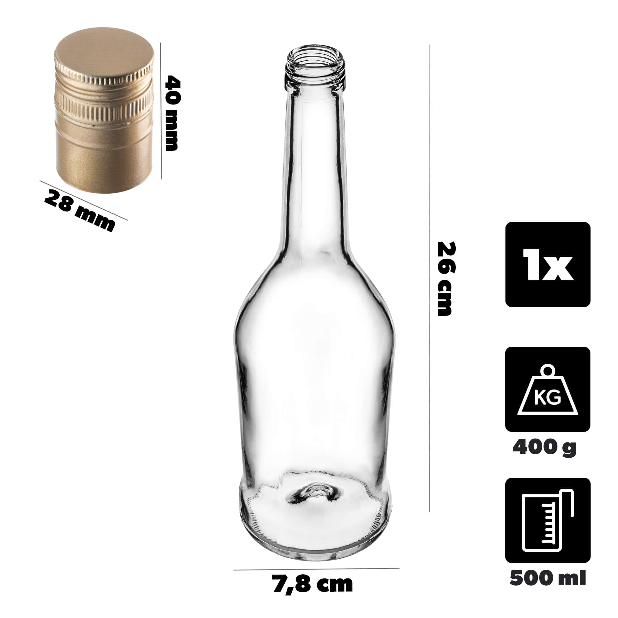 Szklana butelka na nalewkę Loiret 500ml z długą złotą zakrętką 1 szt.