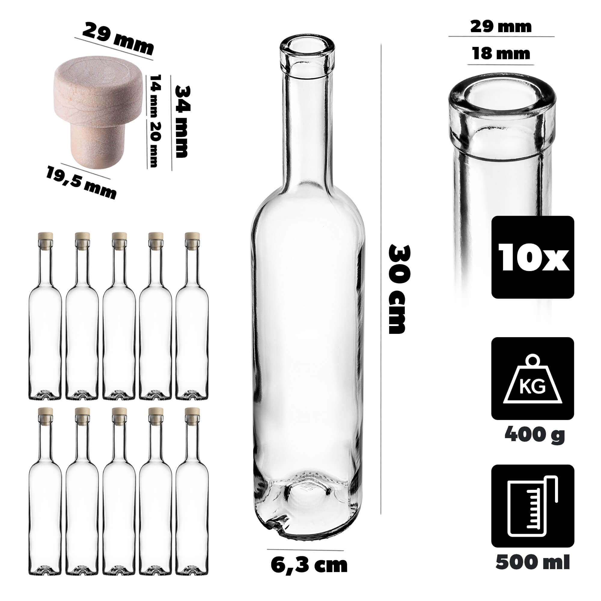 Butelka Futura 500ml z korkiem syntetycznym 10 szt.