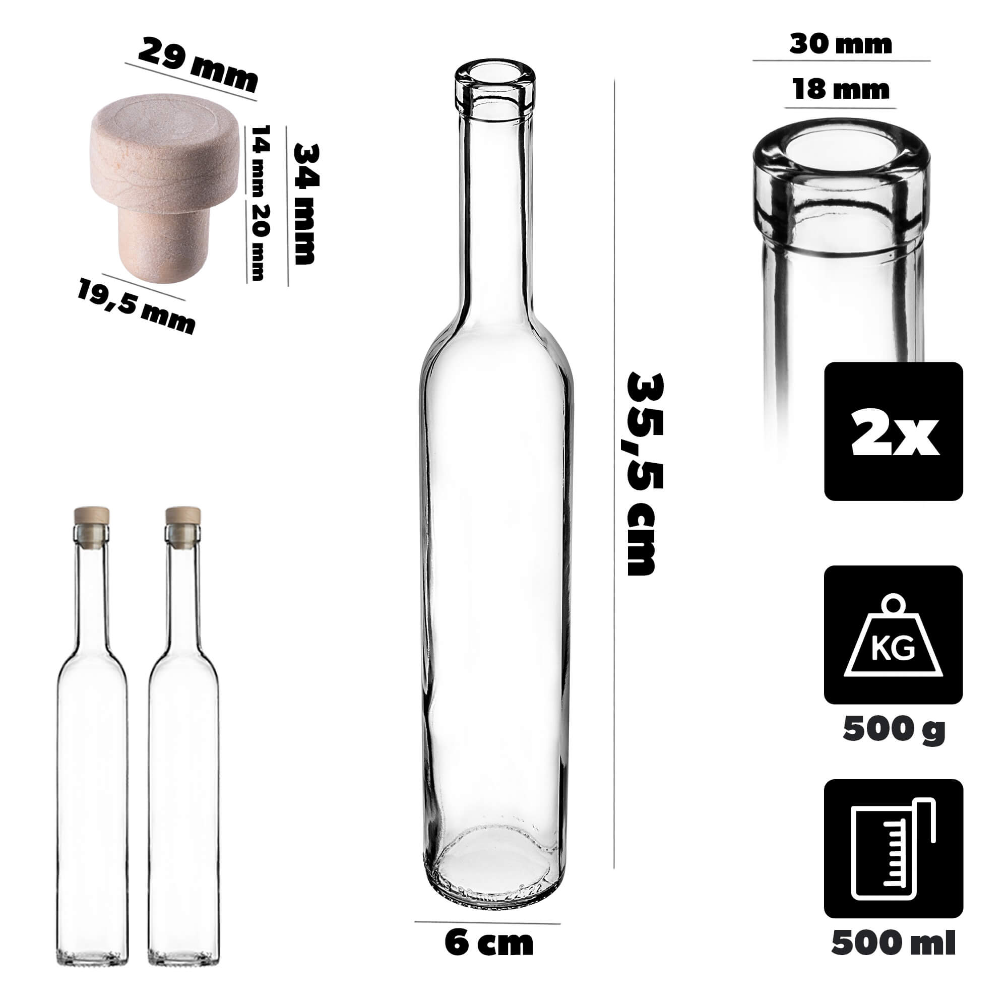 Butelka z korkiem Turcio 0,5L z korkiem fi19, 2 szt.