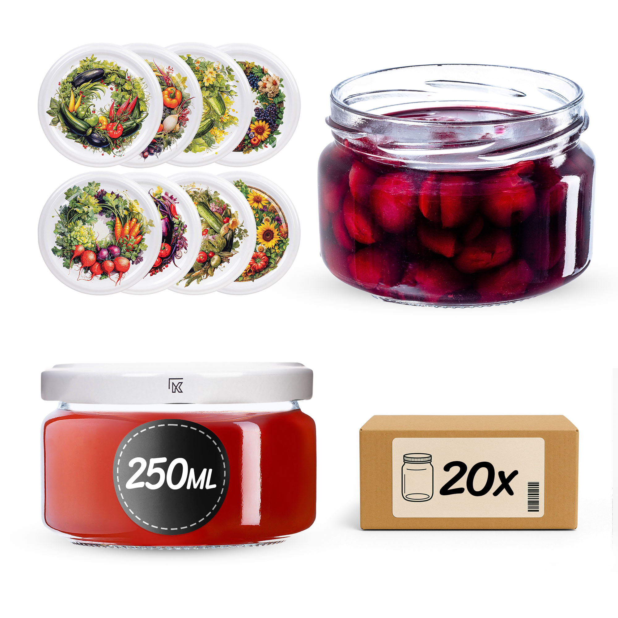 Słoiki na przetwory Denia 250ml 20szt 82mm + wieczko "Garden"