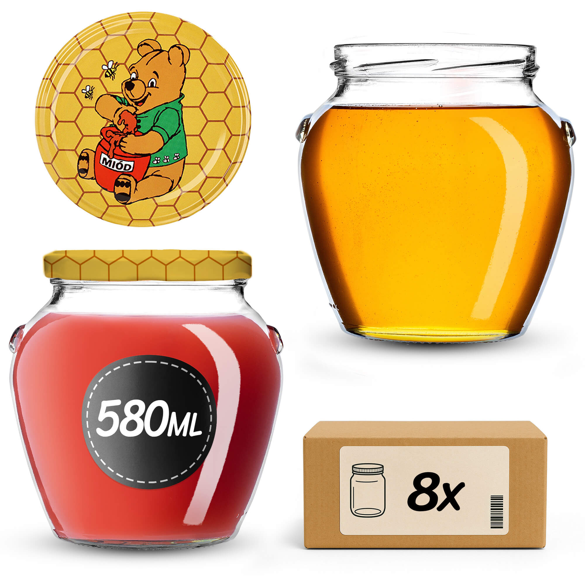 Słoiki na przetwory Sassa 580ml 8szt 82mm + wieczka "Miód"
