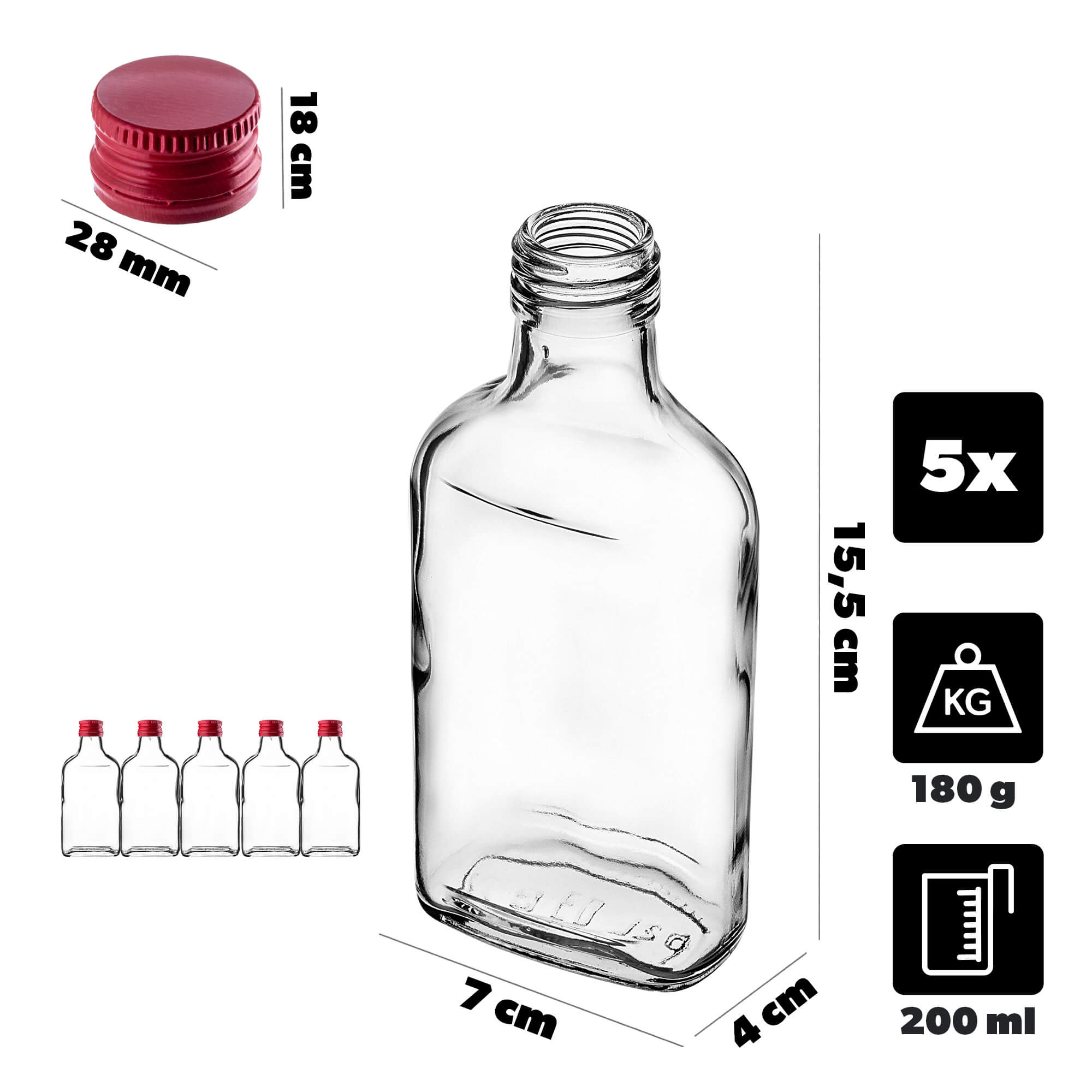 Butelka piersiówka Viane 200ml z czerwoną zakrętką 5 szt.