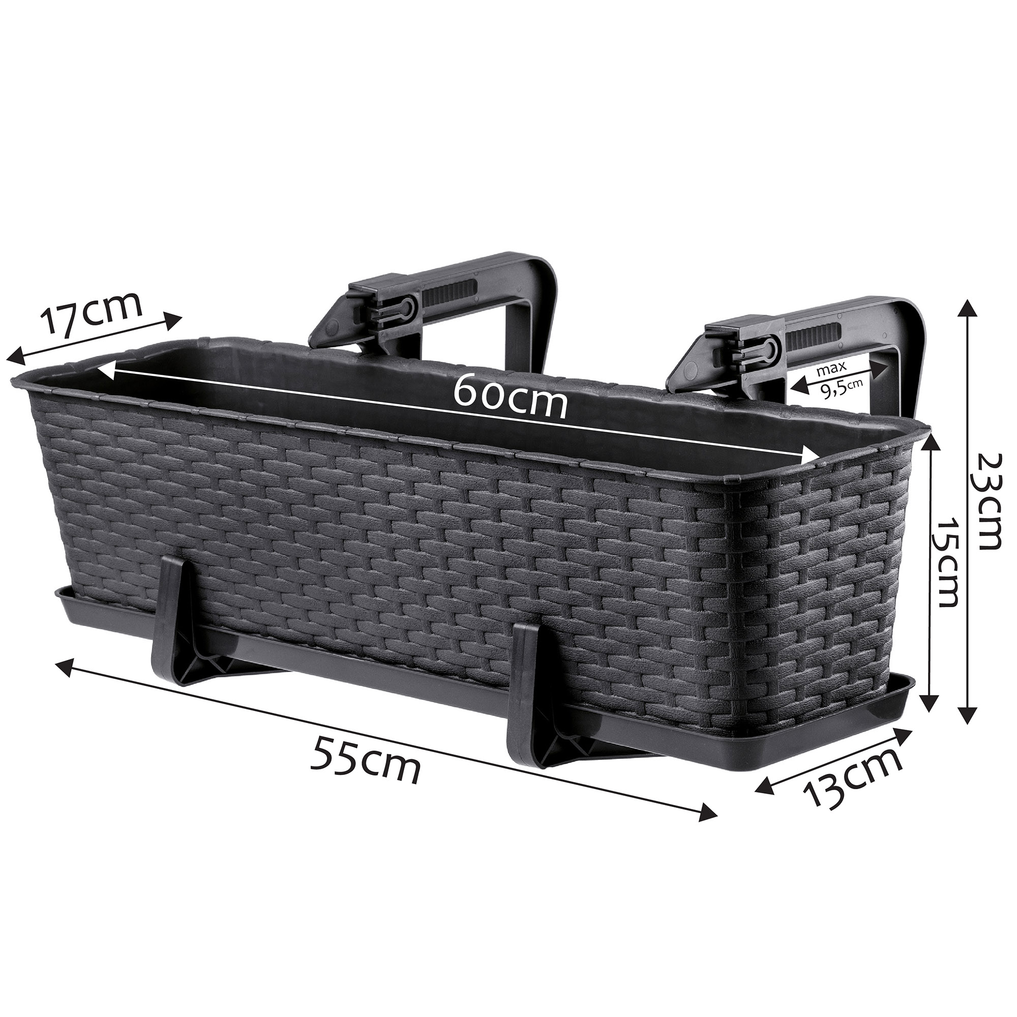 Doniczka balkonowa z uchwytami Frette 60 x 17 cm, antracyt