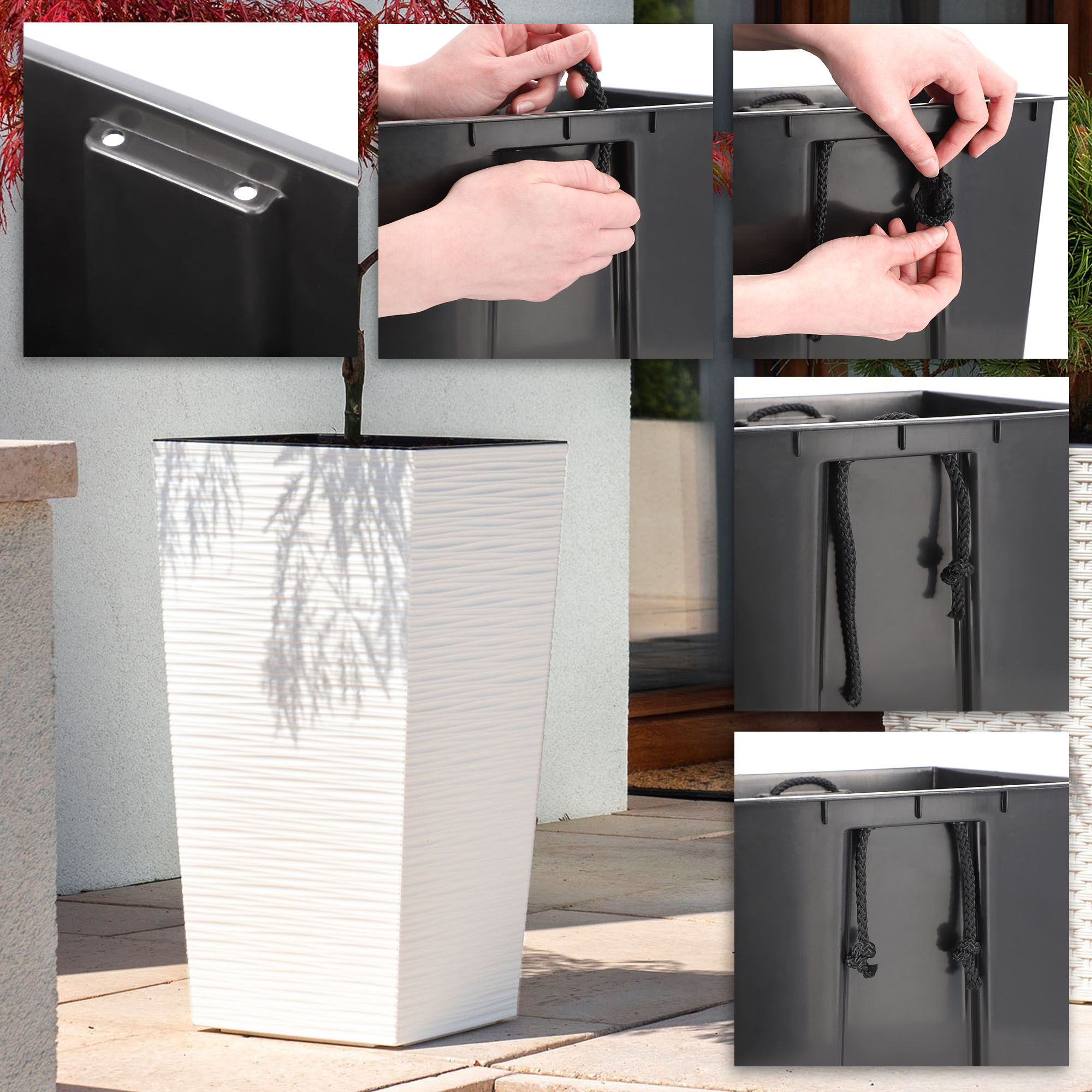 Donice na kwiaty z wkładem Tuluza dłuto 25 cm + 30 cm + 35 cm, białe
