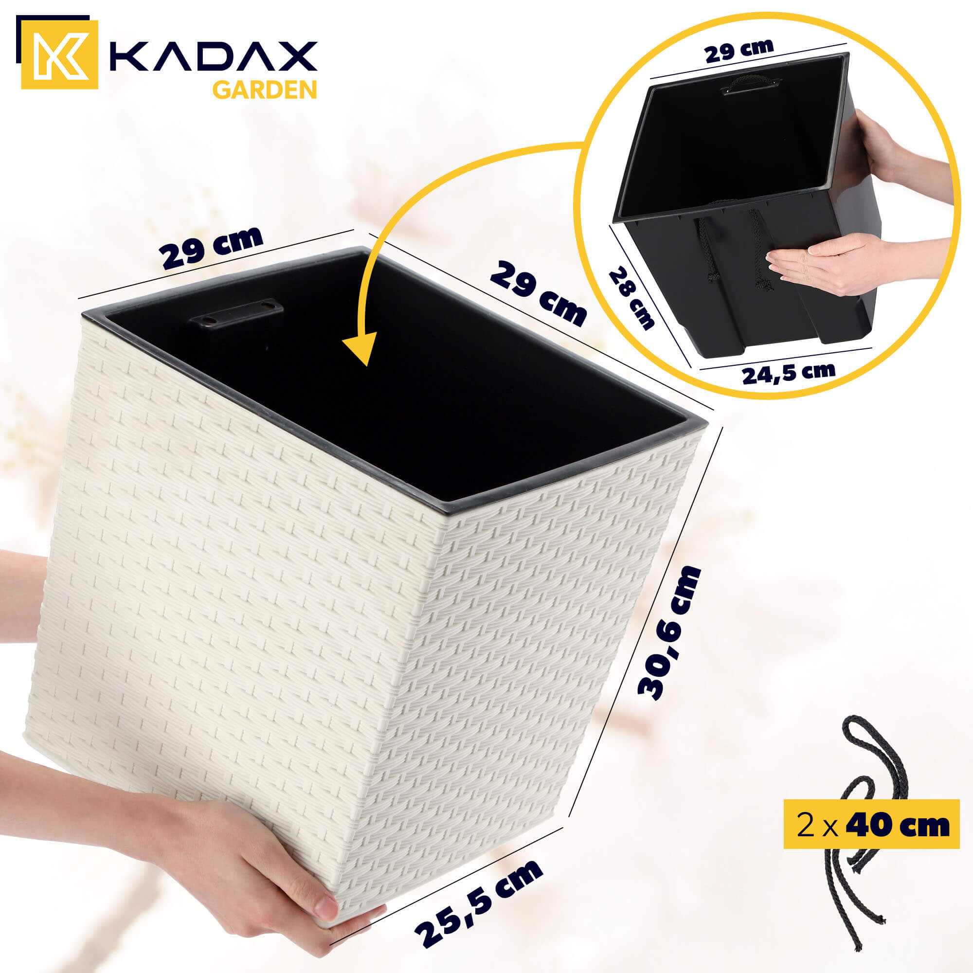 Doniczka na kwiaty z wkładem rattan 30 cm, kremowa