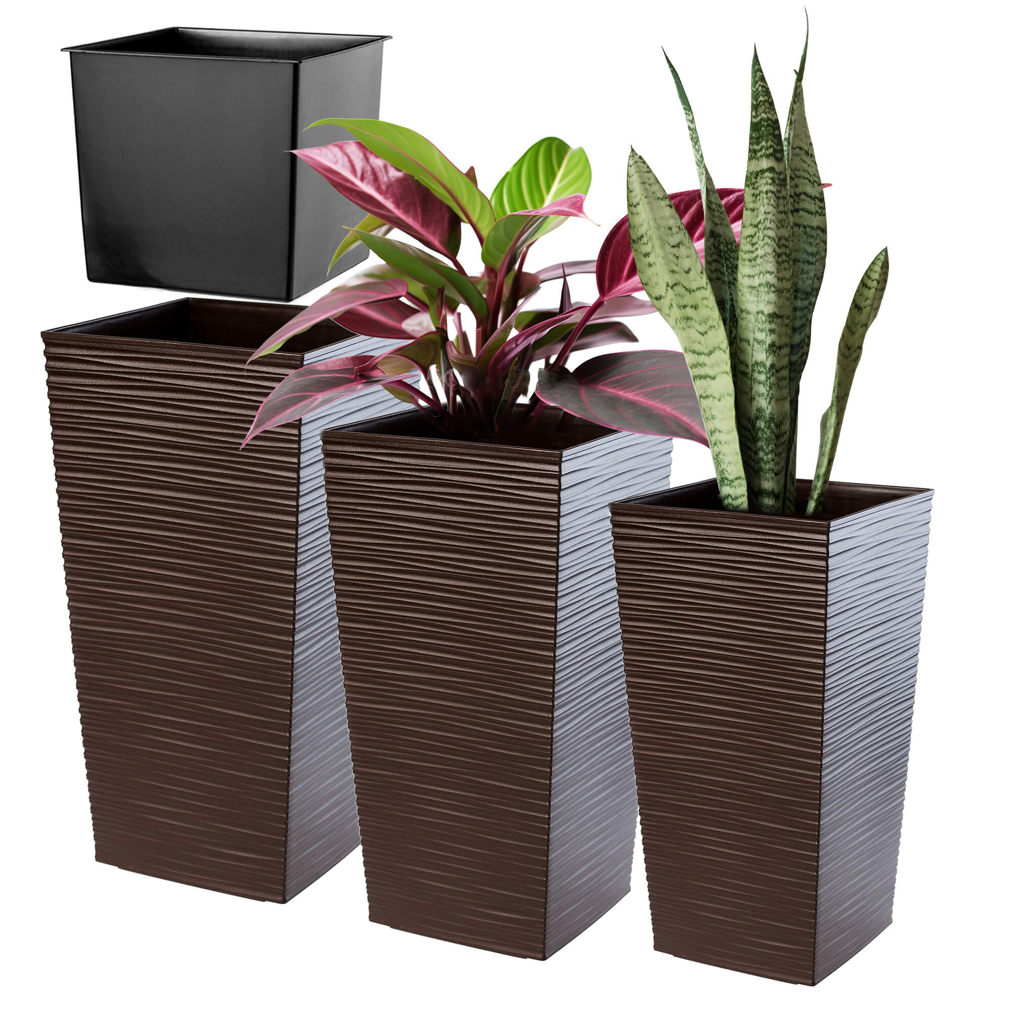 Donice na kwiaty z wkładem Tuluza dłuto 30 cm + 35 cm + 40 cm, mokka