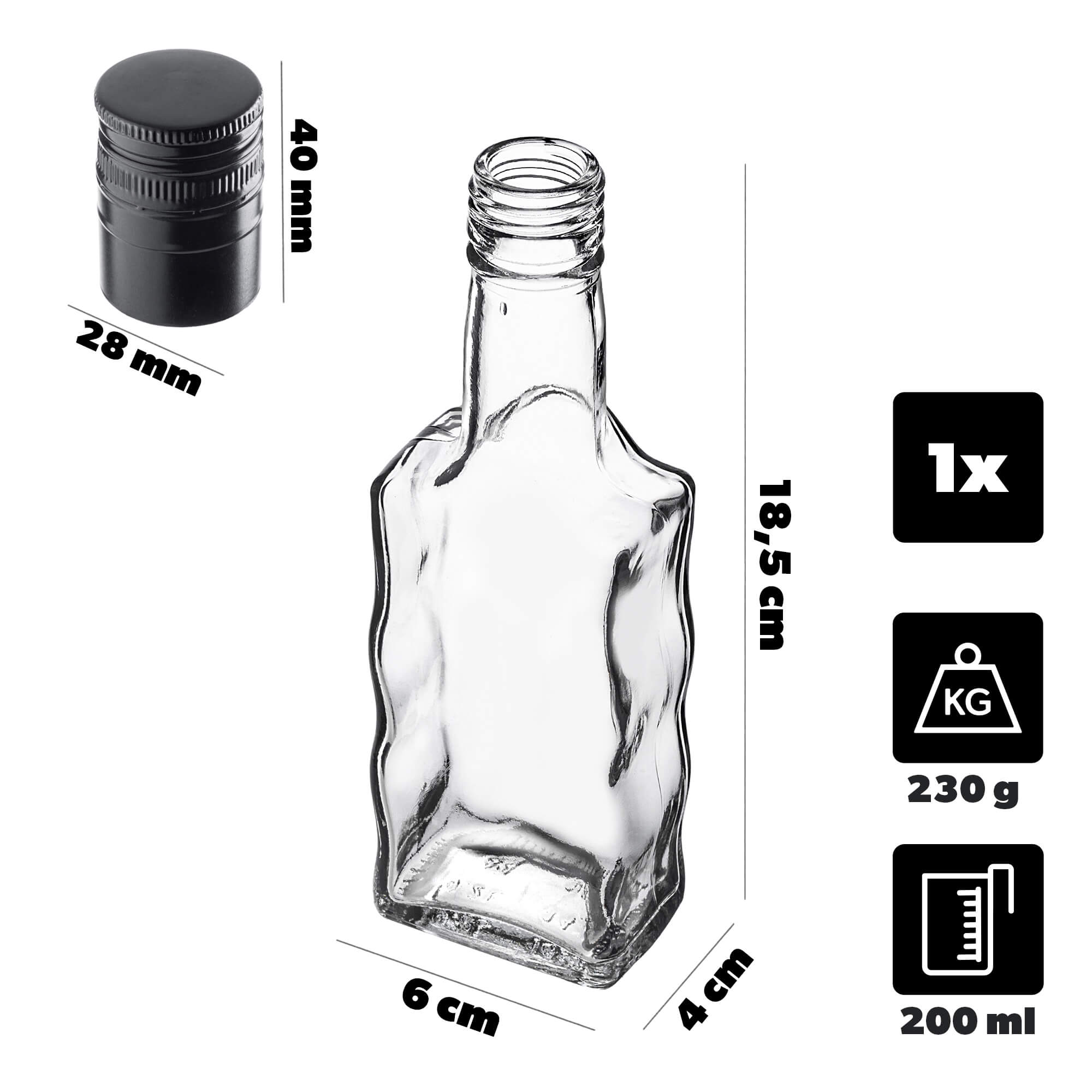 Szklana butelka na nalewkę Fala 200ml z długą czarną zakrętką 1 szt.