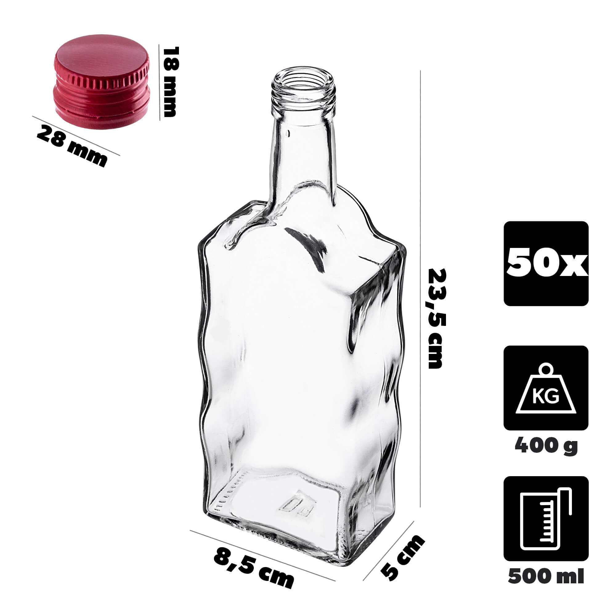 Szklana butelka na nalewkę Fala 500ml z czerwoną zakrętką 50 szt.