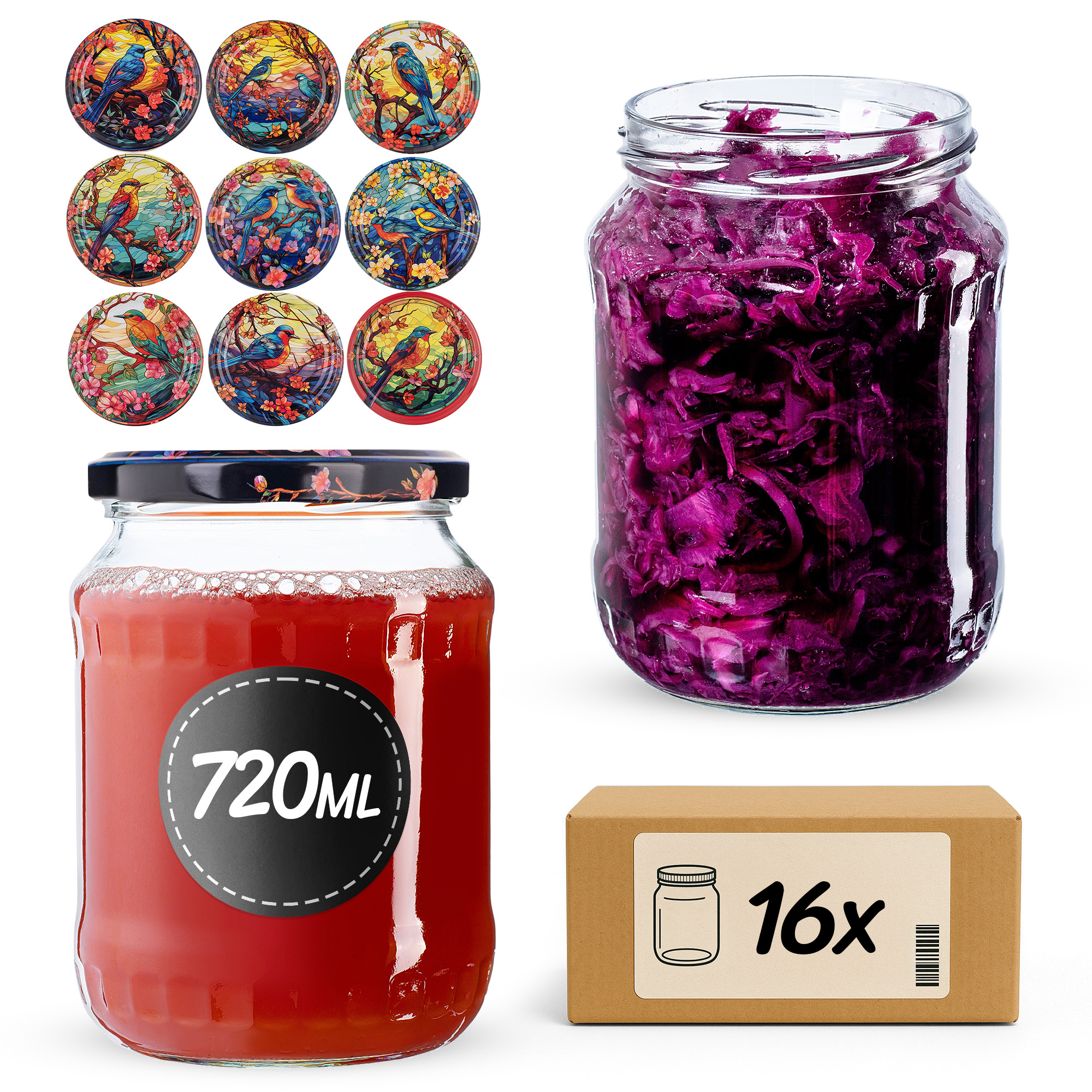 Słoiki na przetwory Jukka 720ml fi82mm 16szt + wieczko Ptaki
