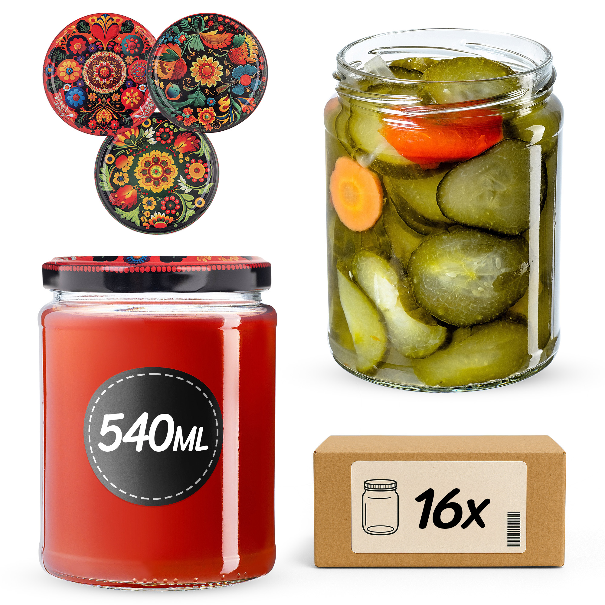 Słoiki na przetwory Maki 540ml fi82mm 16szt + wieczko Haftowanka