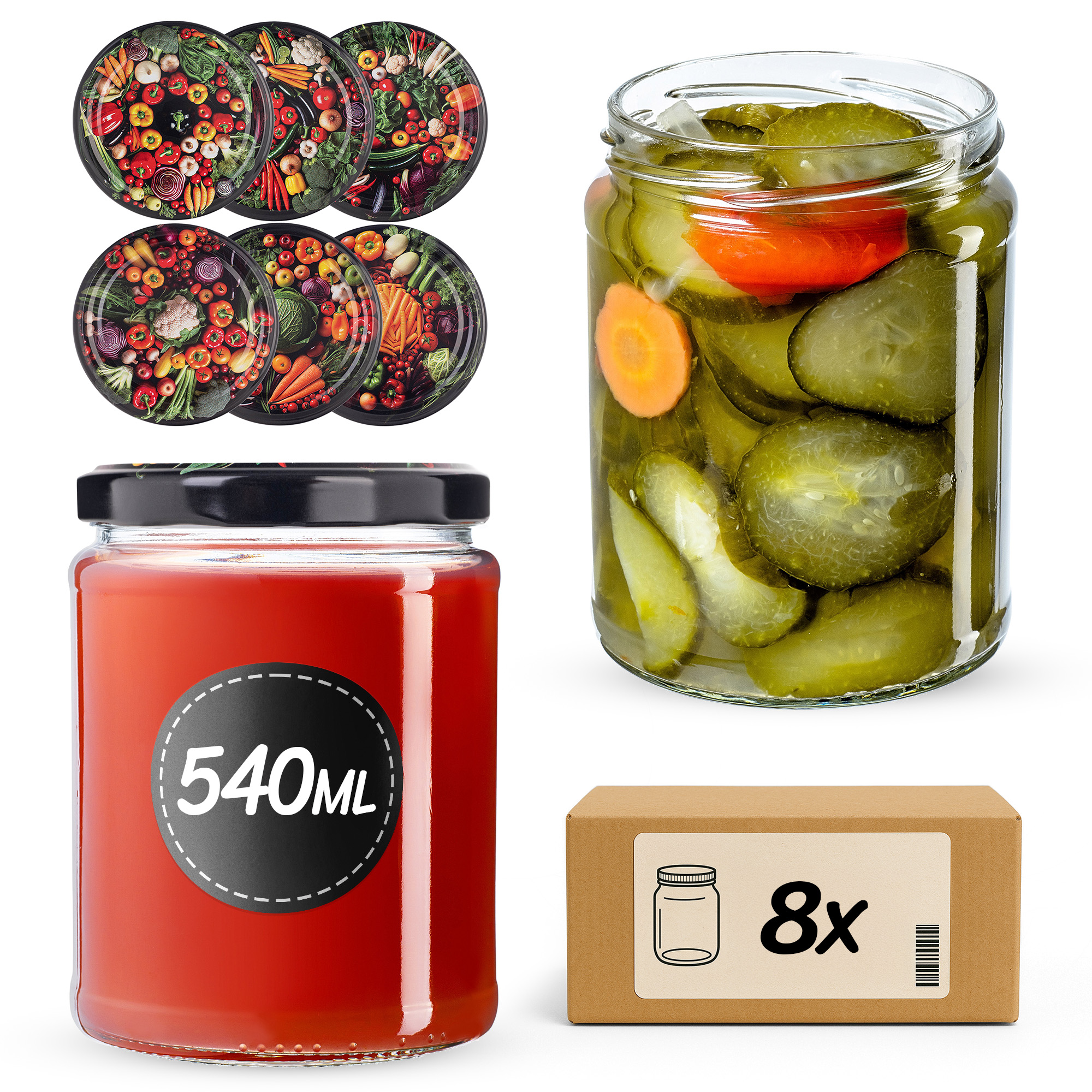 Słoiki na przetwory Maki 540ml fi82mm 8szt + wieczko Warzywa mix