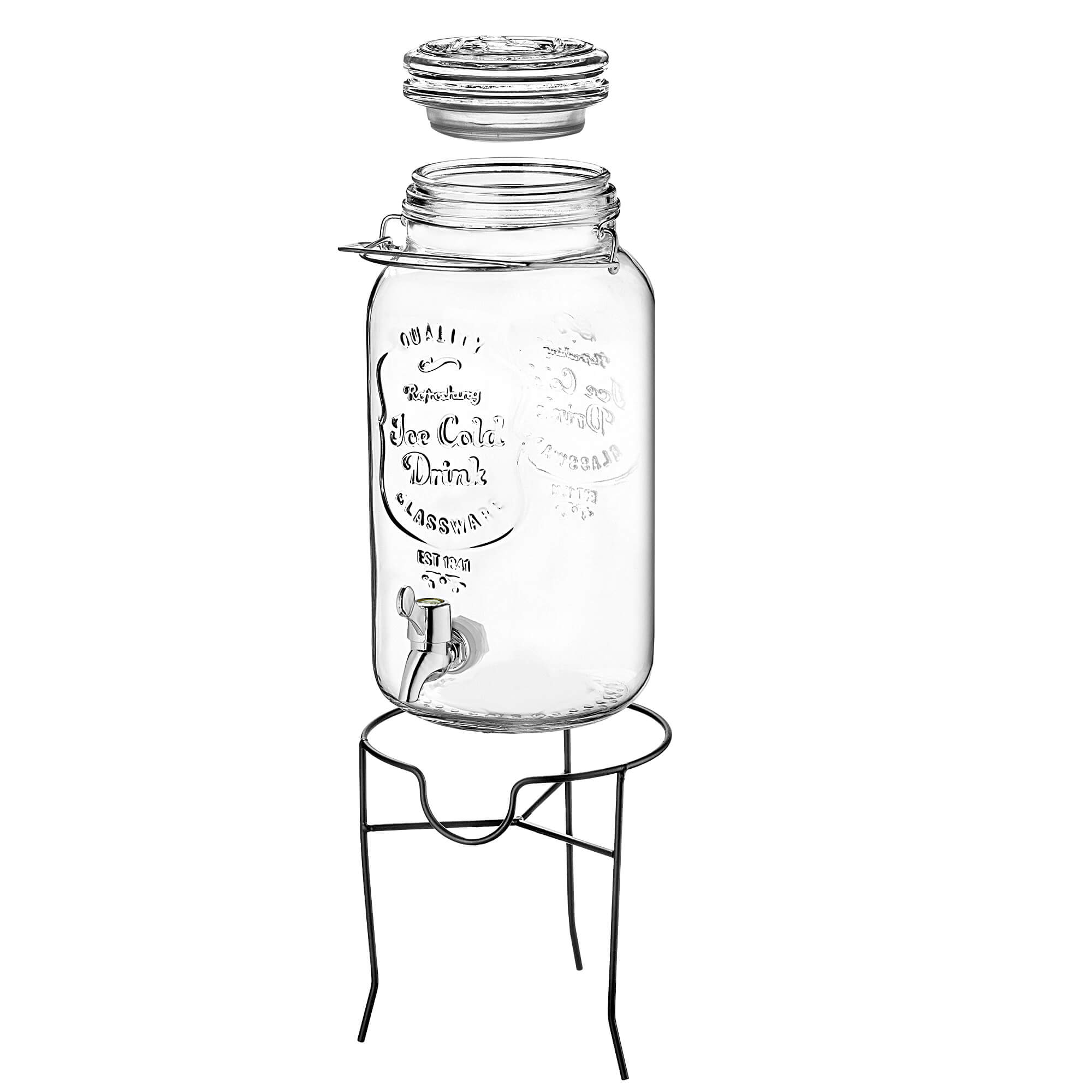 Słój z kranikiem Mesagne do zimnych napojów i lemoniady 4L z podstawką i szklaną pokrywką