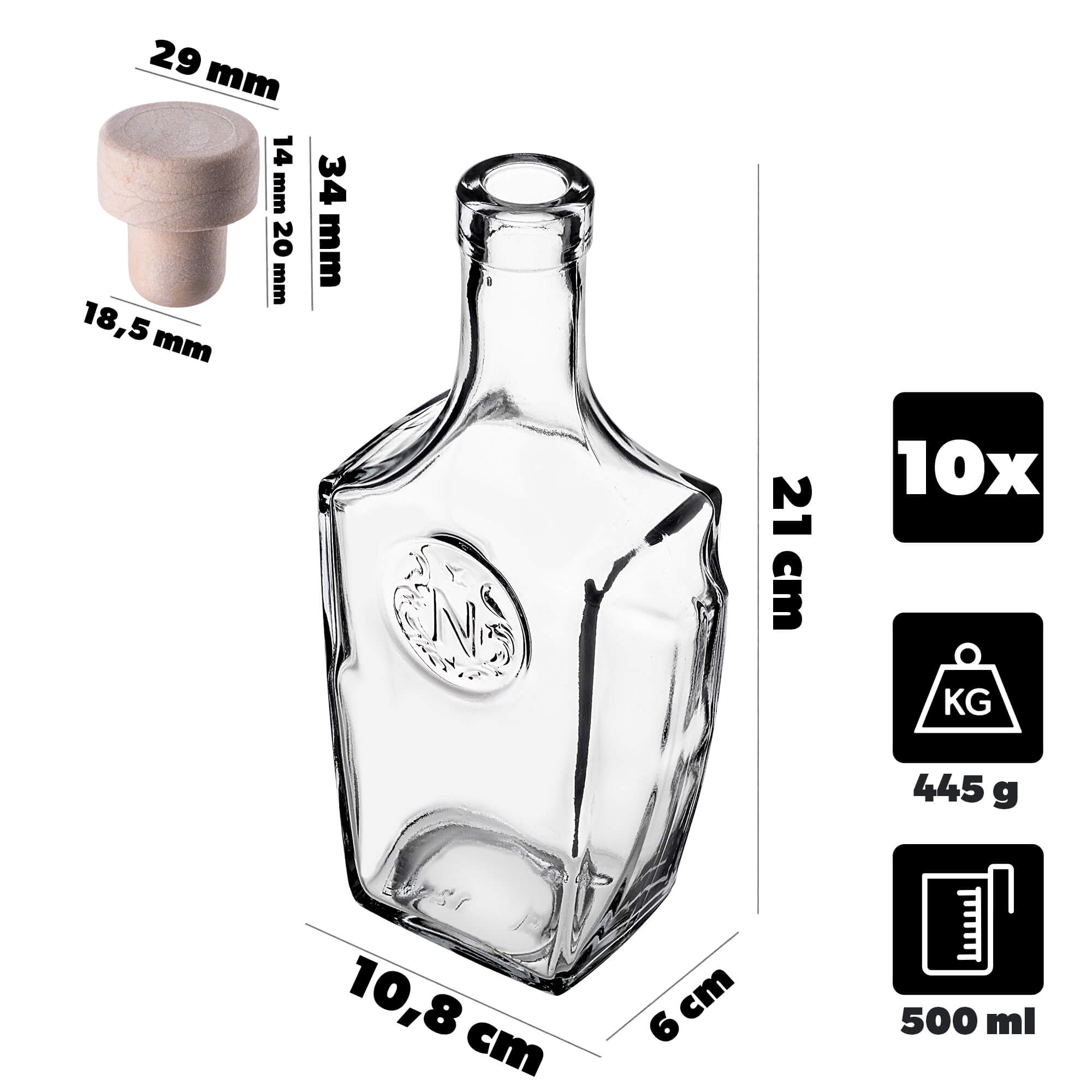 Szklana butelka na nalewkę Faenza 500ml z korkiem syntetycznym 10 szt.