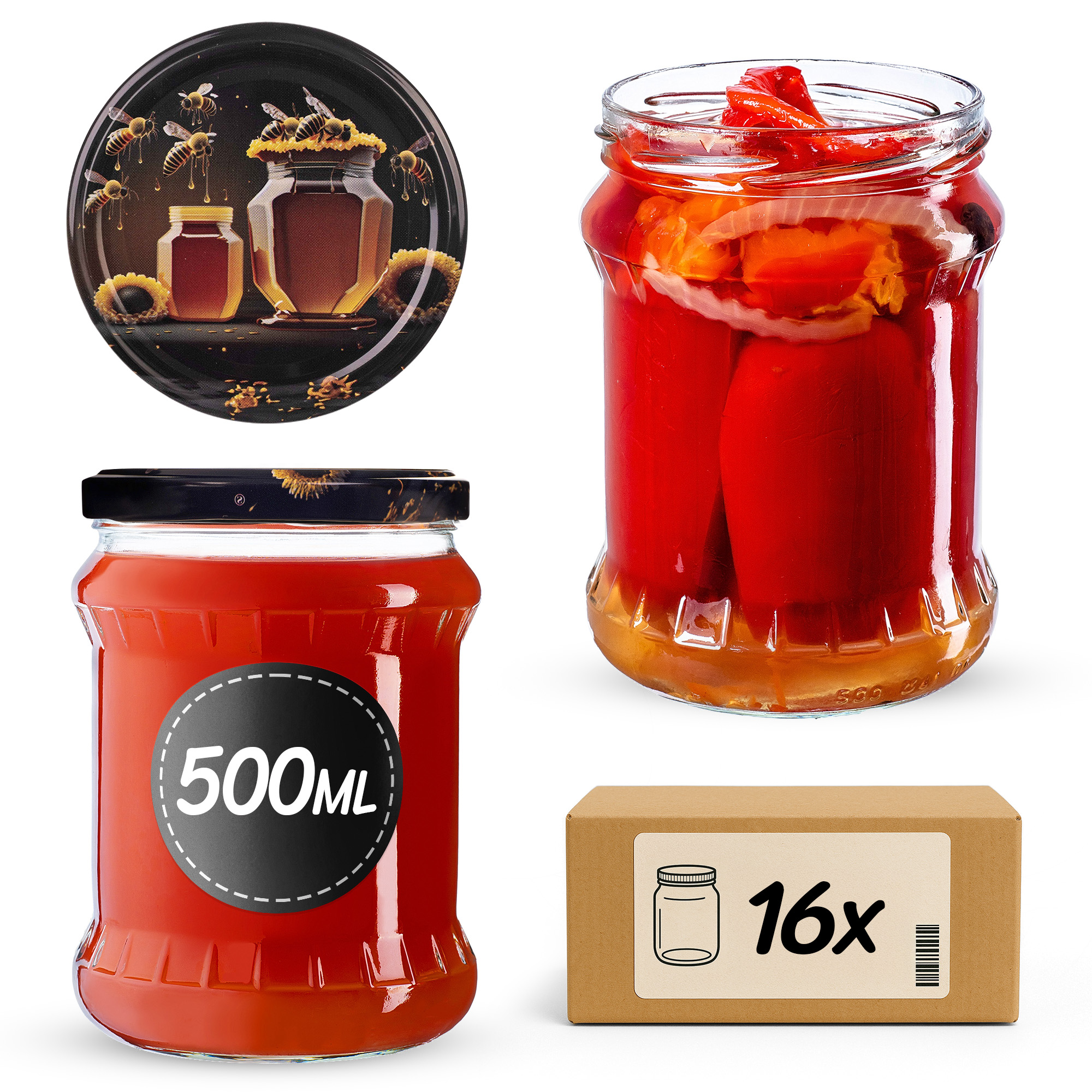 Słoiki na przetwory Kisko 500ml 16szt 82mm + wieczka "Czarny miód"