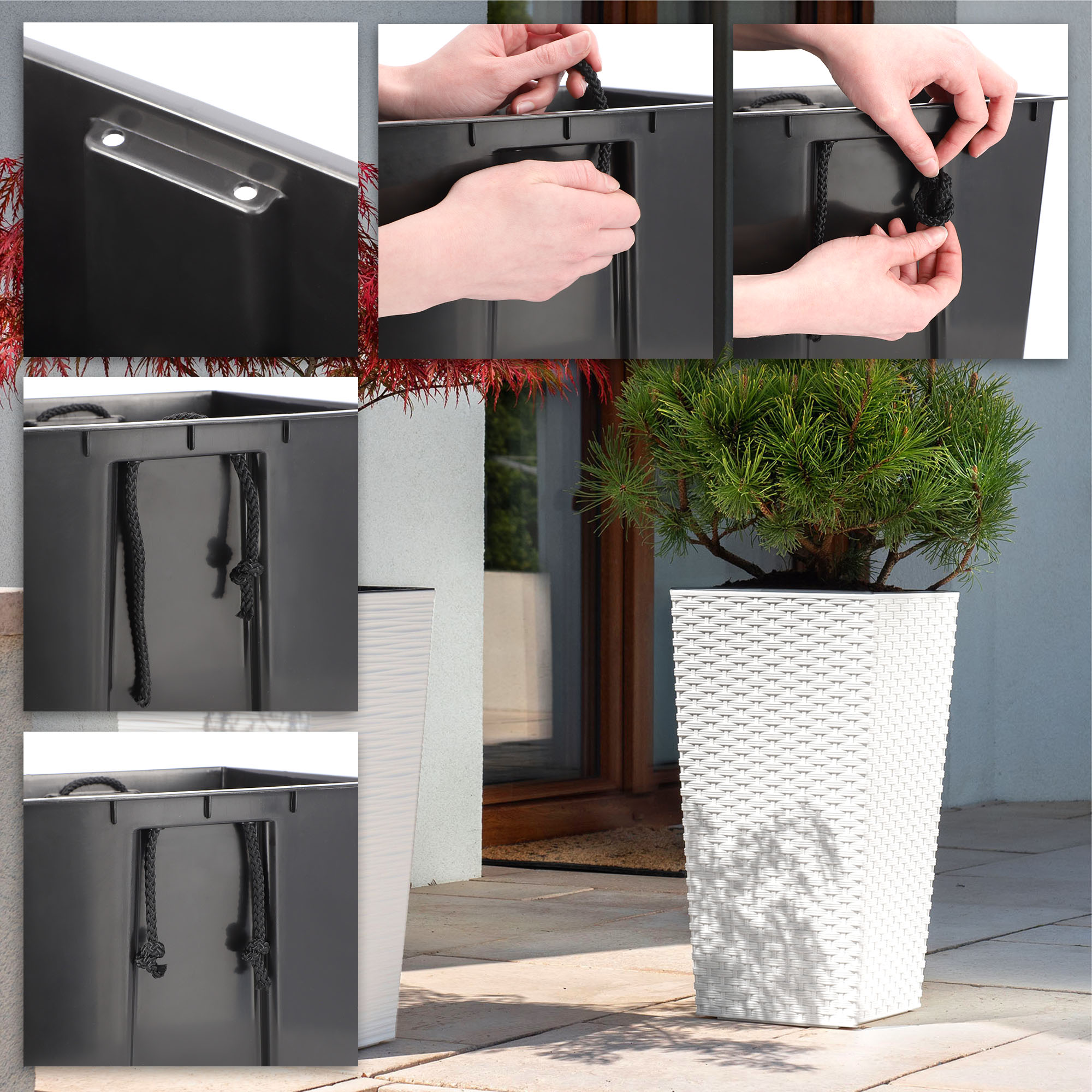 Donice na kwiaty z wkładem Pesaro rattan 25 cm + 30 cm + 35 cm, białe