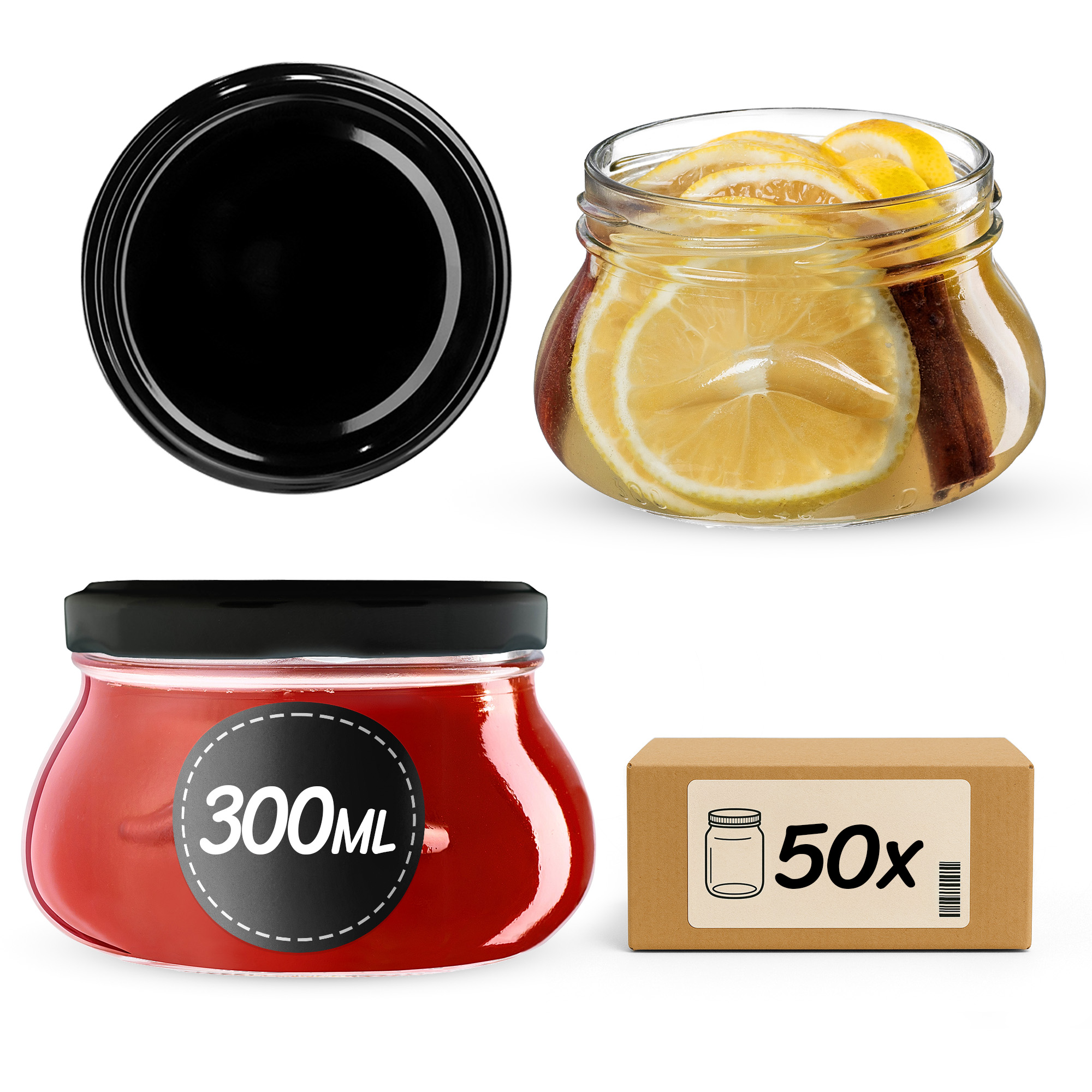 Słoiki na przetwory Raja 300ml 50szt 82mm + wieczka czarne
