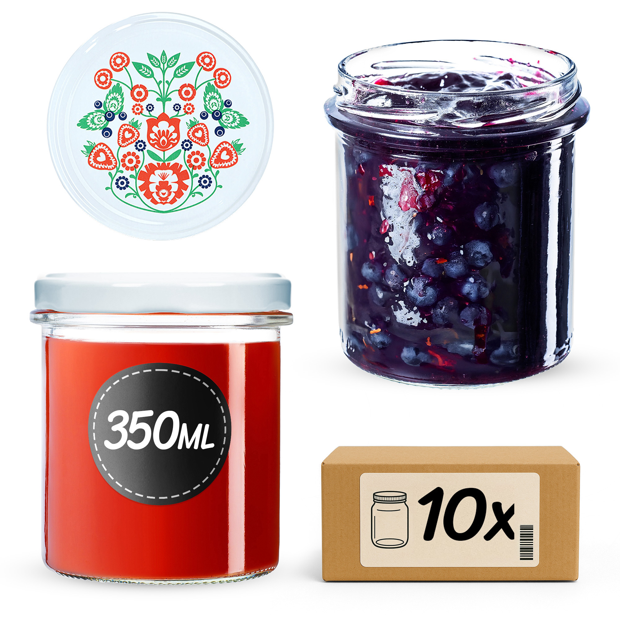 Słoiki na przetwory Avila 350ml 10szt 82mm + wieczka "Folklor"