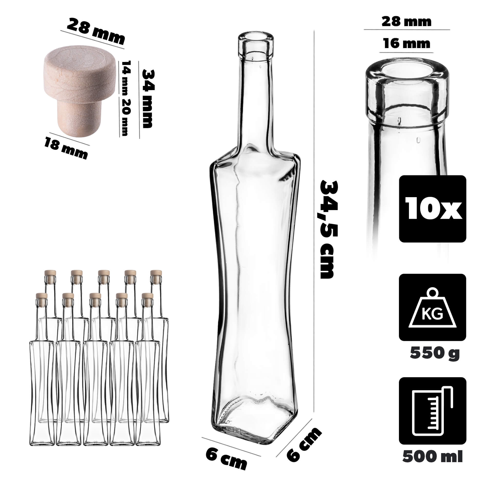 Butelka Quadra 500ml z korkiem syntetycznym 10 szt.