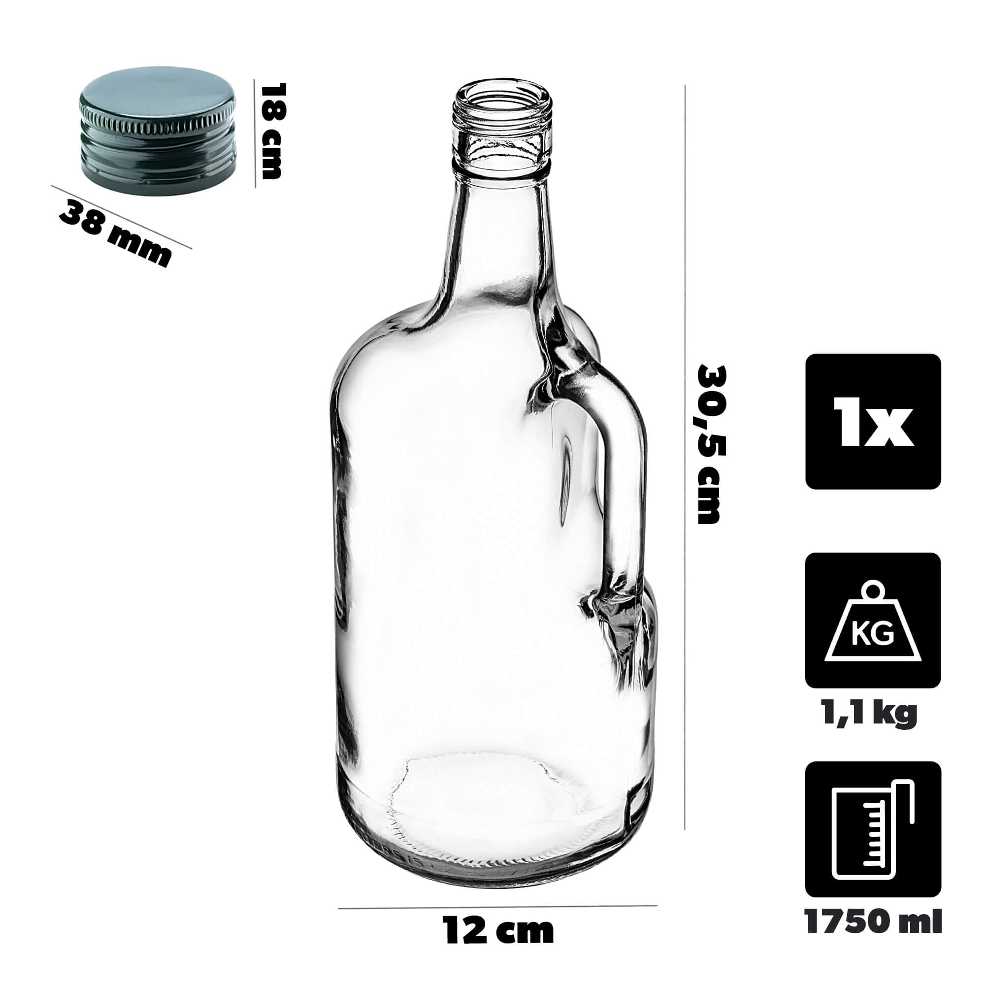 Szklana butelka z uchem Boude 1750ml z zieloną zakrętką 1 szt.