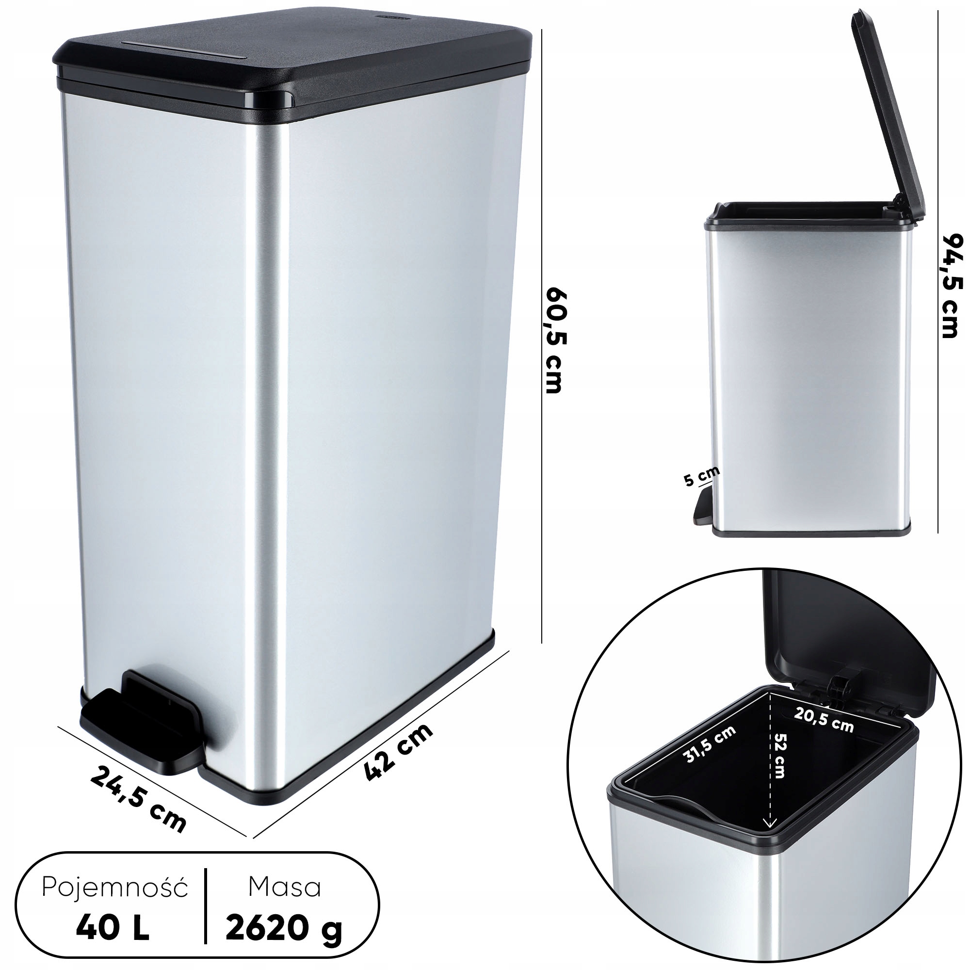 Kosz na śmieci Curver Slim Bin 40L, srebrny
