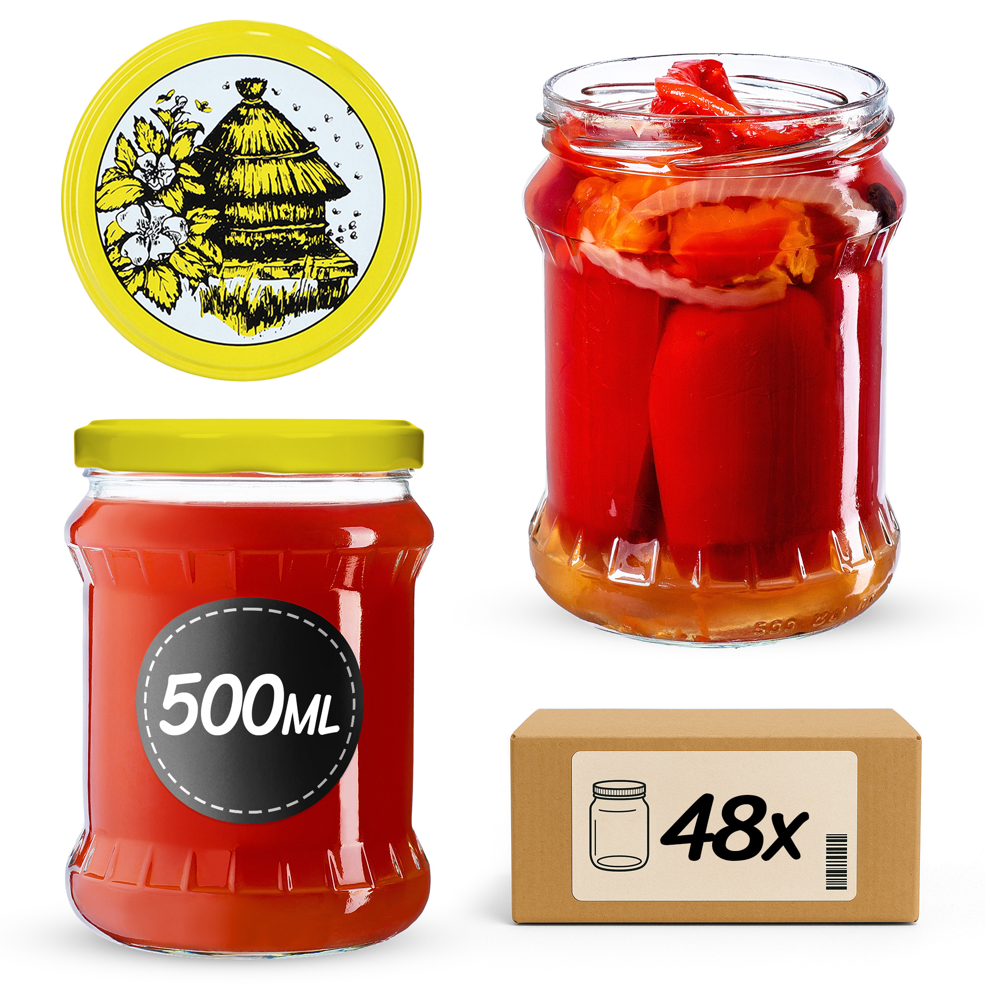 Słoiki na przetwory Kisko 500ml 48szt 82mm + wieczka "Pszczoła"