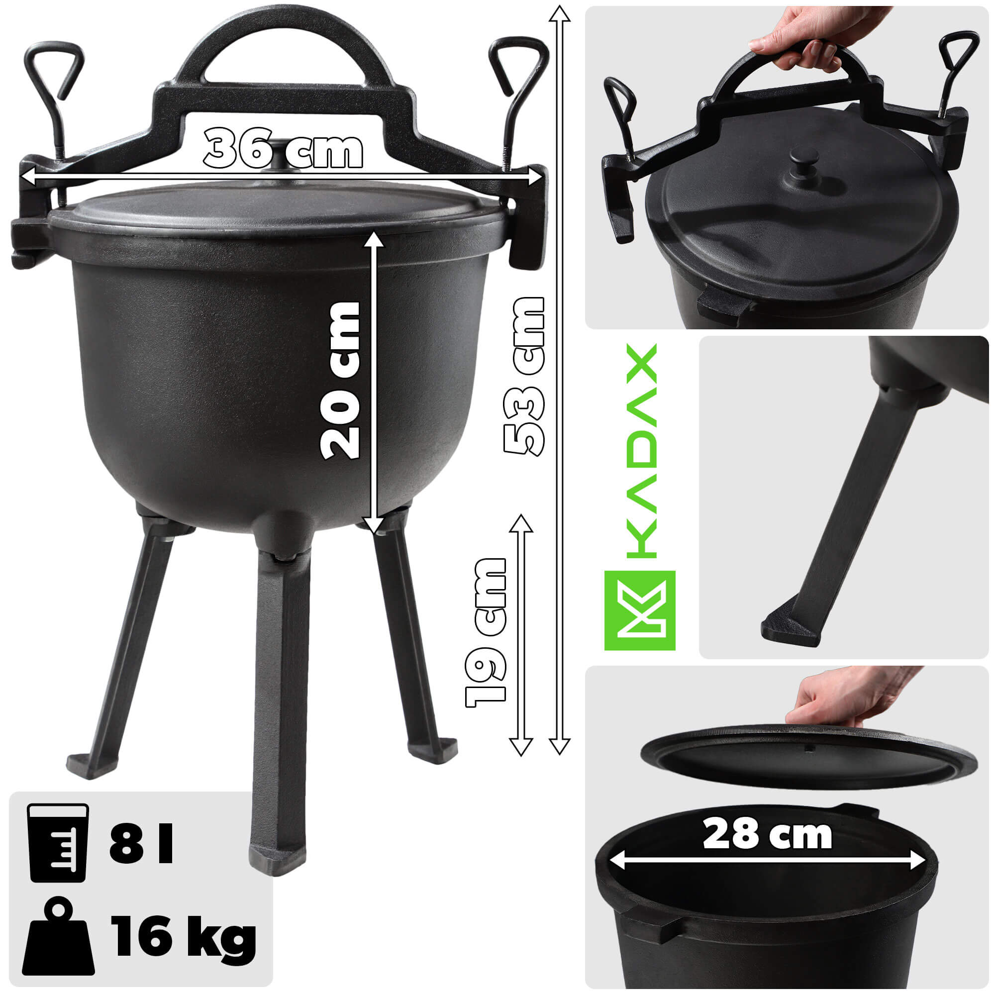 Kociołek myśliwski żeliwny Hagen 8L, czarny