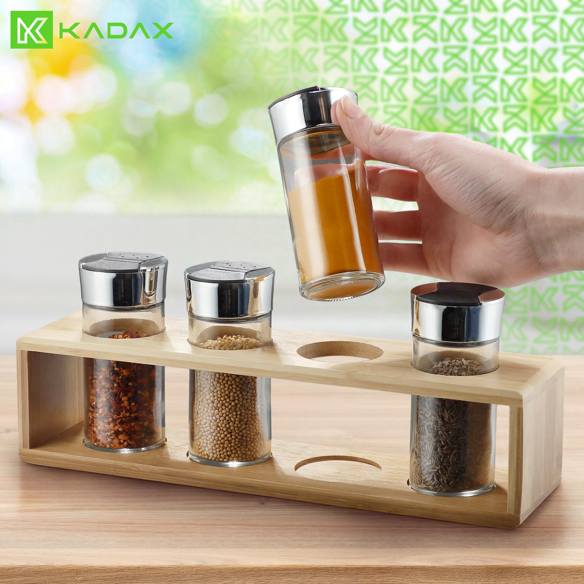 Komplet przyprawników z bambusową podstawką 4 szt.