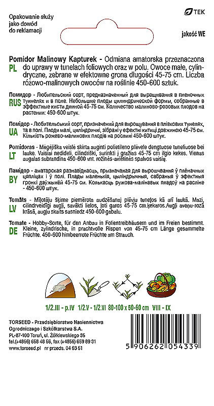 Pomidor pod osłony i do gruntu (odmiana czereśniowa) Malinowy Kapturek 0,1g