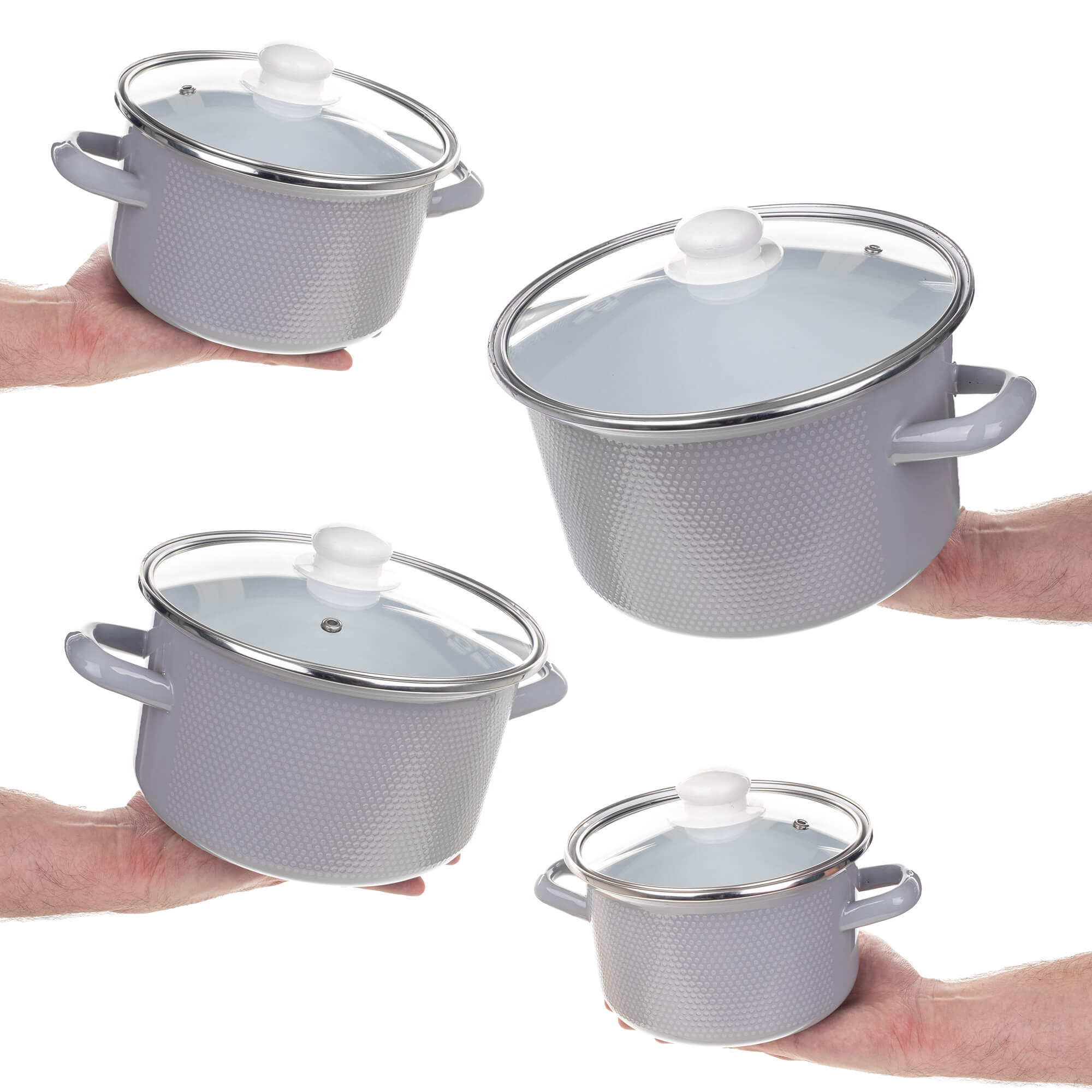 Zestaw garnków emaliowanych Pruno 2L + 3L + 4L + 5L jasne szare