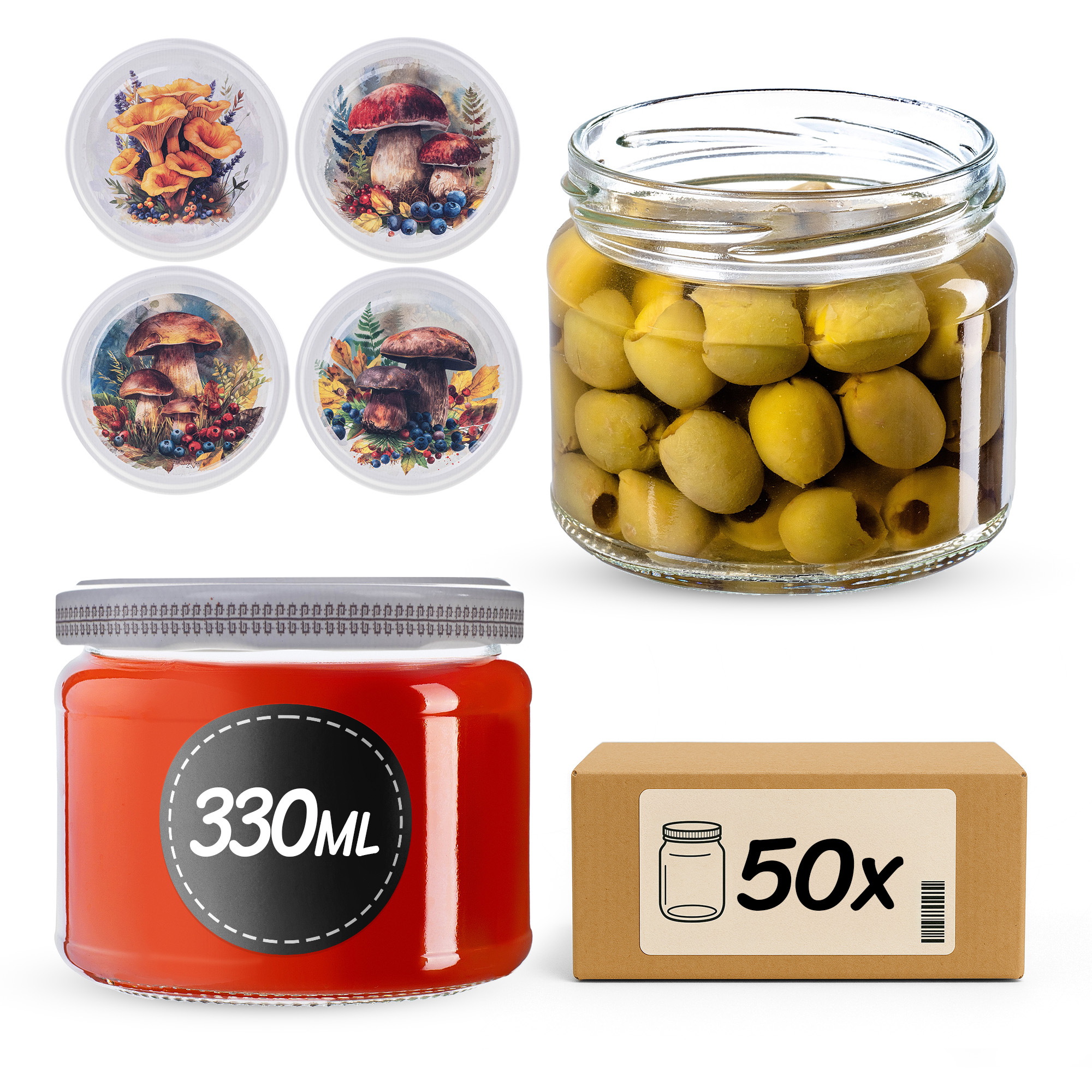 Słoiki na przetwory Sonka 330ml fi82mm 50szt + wieczko Grzyb akwarela