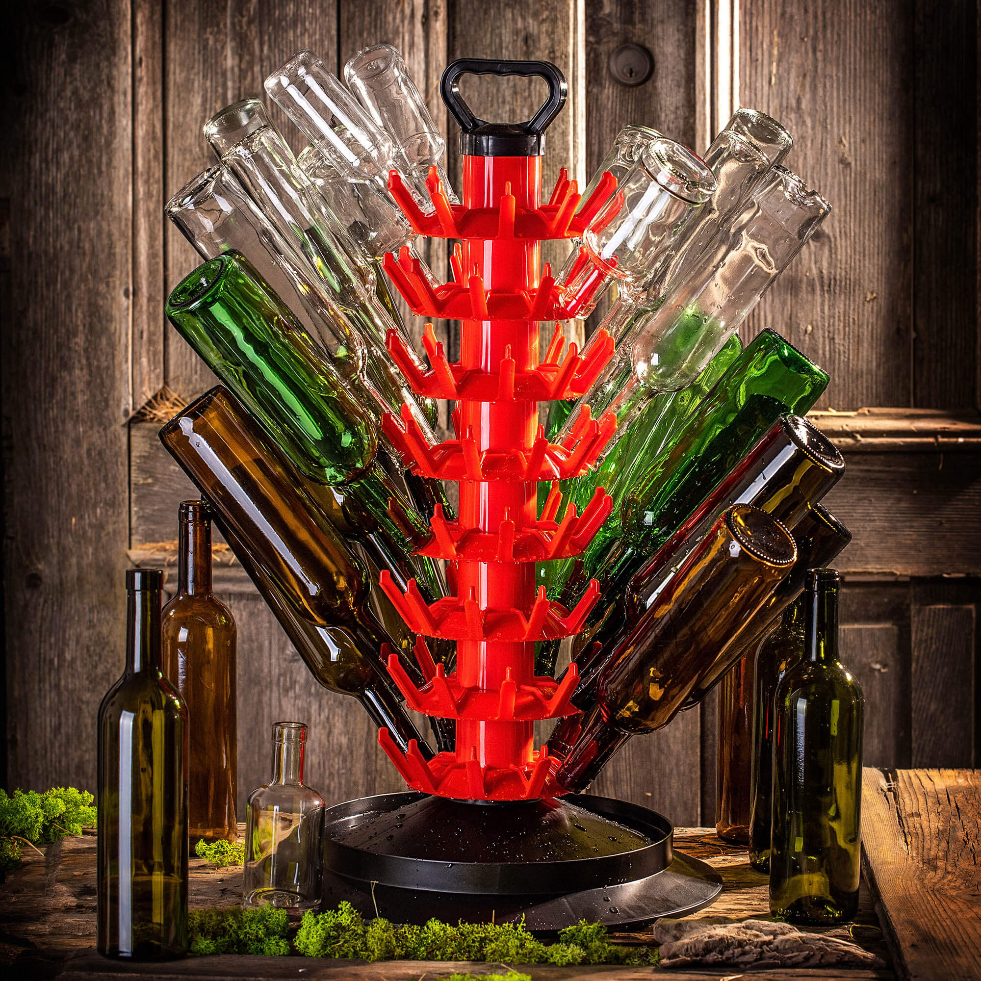 Suszarka ociekacz do butelek Nusco na 80 sztuk z uchwytem czerwony