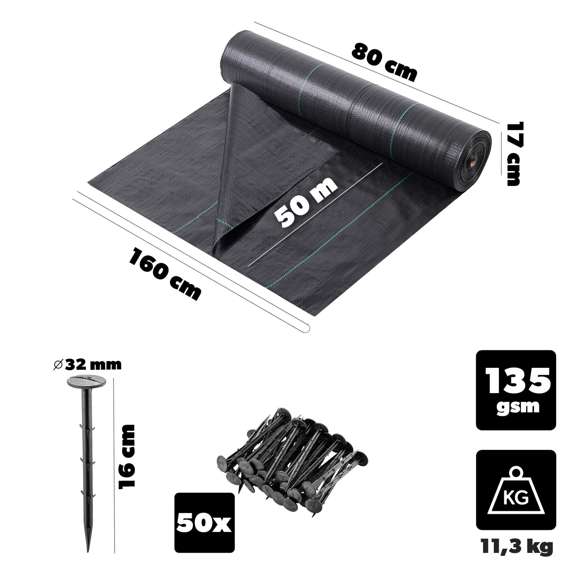 Agrotkanina ogrodowa Auros 1.6 x 50m 135 g/m² czarna + kołki 50 szt.