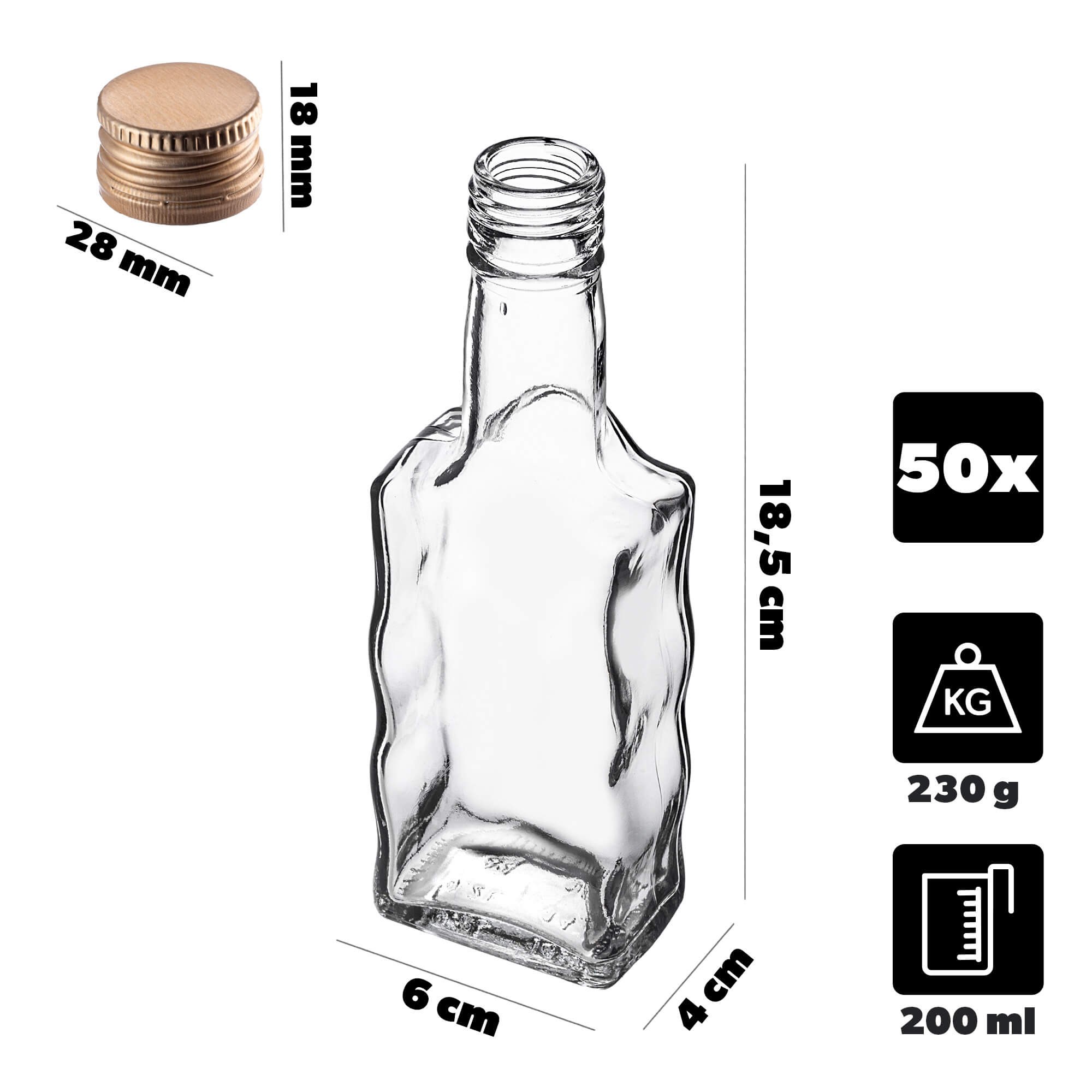 Szklana butelka na nalewkę Fala 200ml ze złotą zakrętką 50 szt.