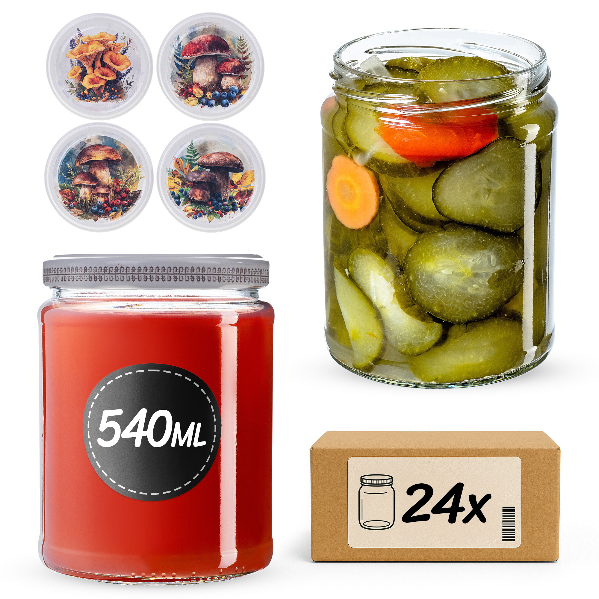 Słoiki na przetwory Maki 540ml fi82mm 24szt + wieczko Grzyb akwarela