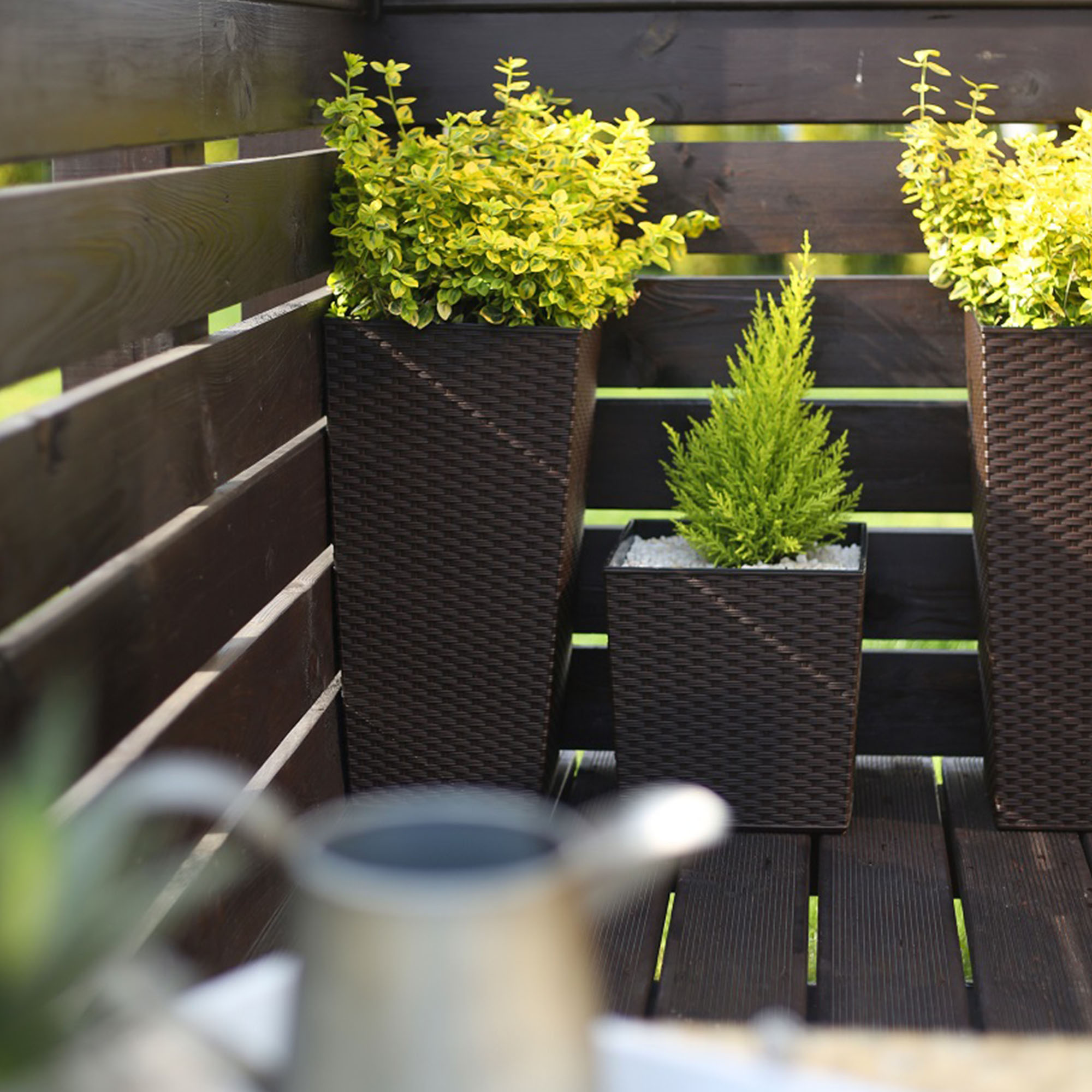 Donice na kwiaty z wkładem Pesaro rattan 30 cm + 35 cm + 40 cm, mokka