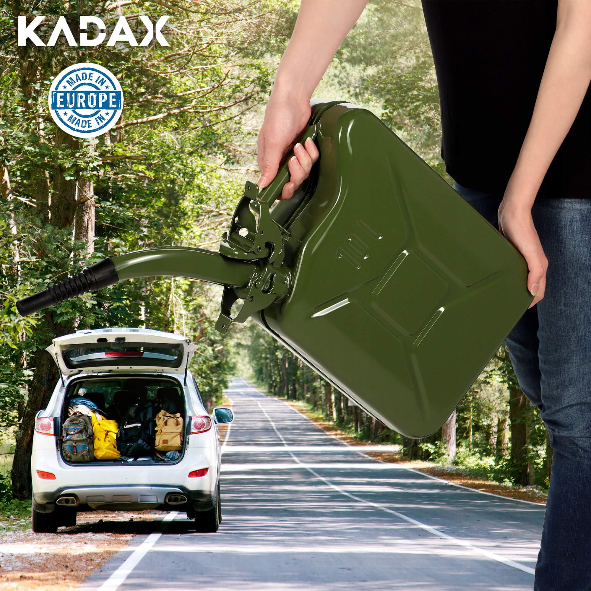 Kanister na paliwo stalowy 5L + lejek 31 cm, zielony